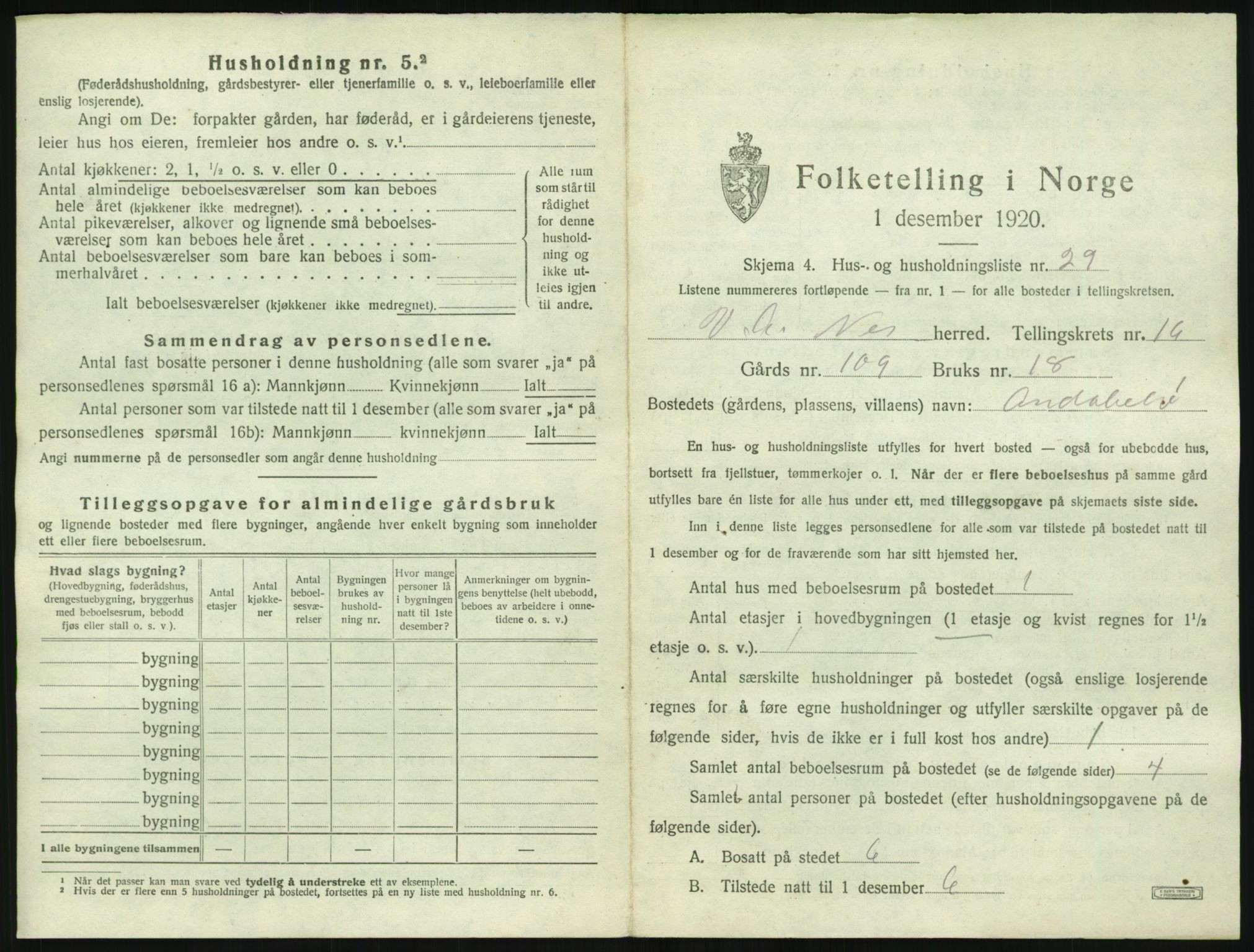 SAK, 1920 census for Nes (V-A), 1920, p. 1026