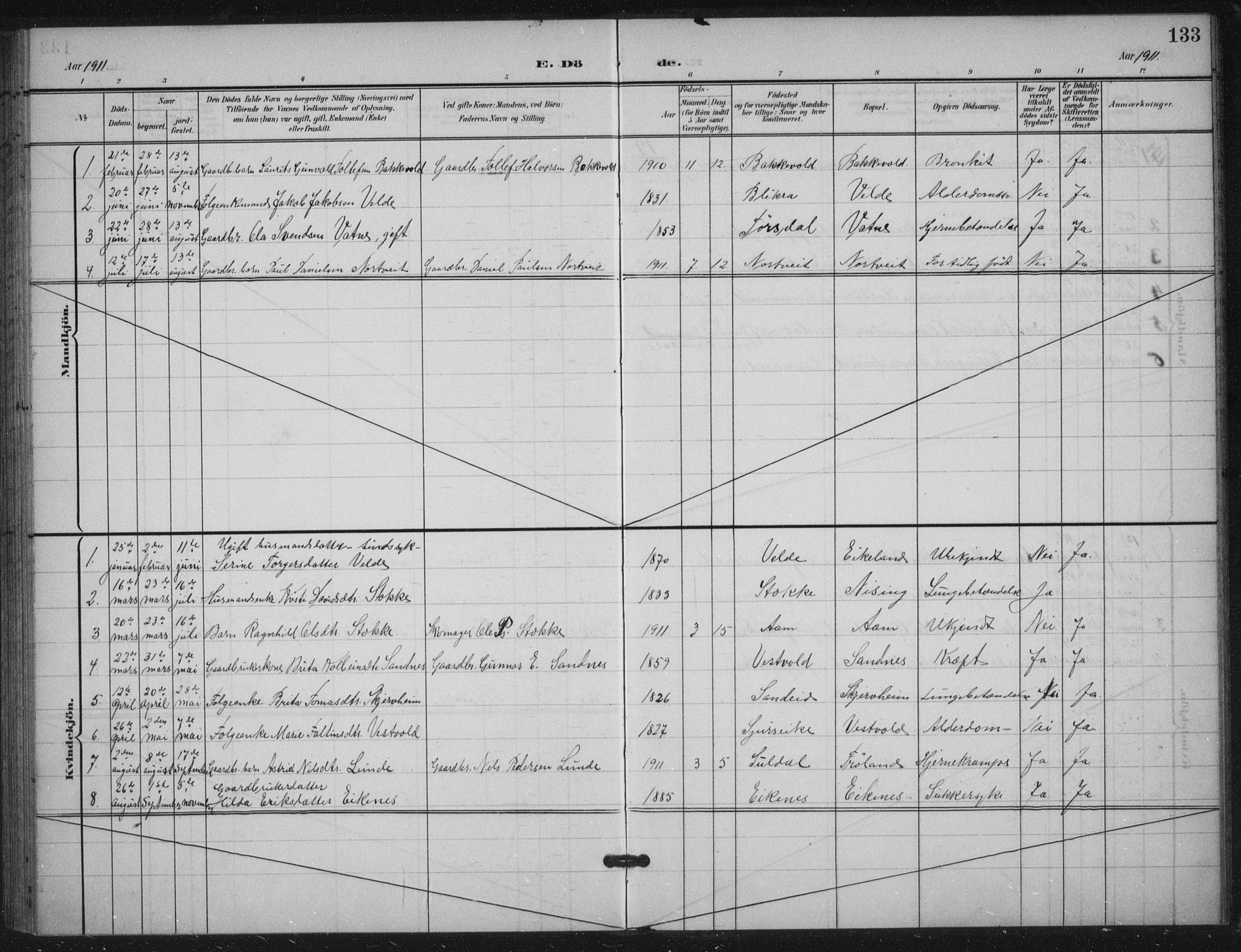 Skjold sokneprestkontor, SAST/A-101847/H/Ha/Haa/L0012: Parish register (official) no. A 12, 1899-1915, p. 133