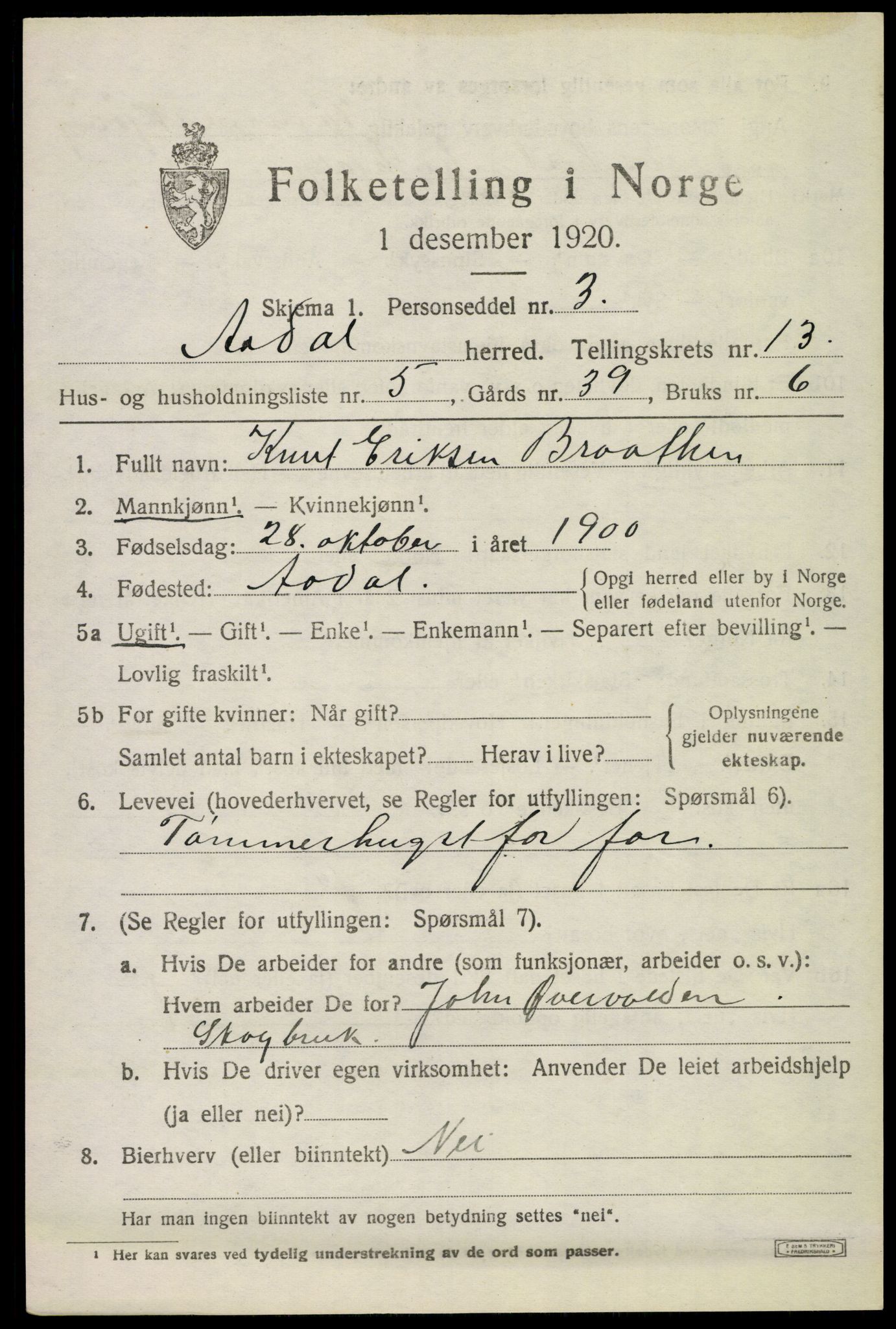 SAKO, 1920 census for Ådal, 1920, p. 7688