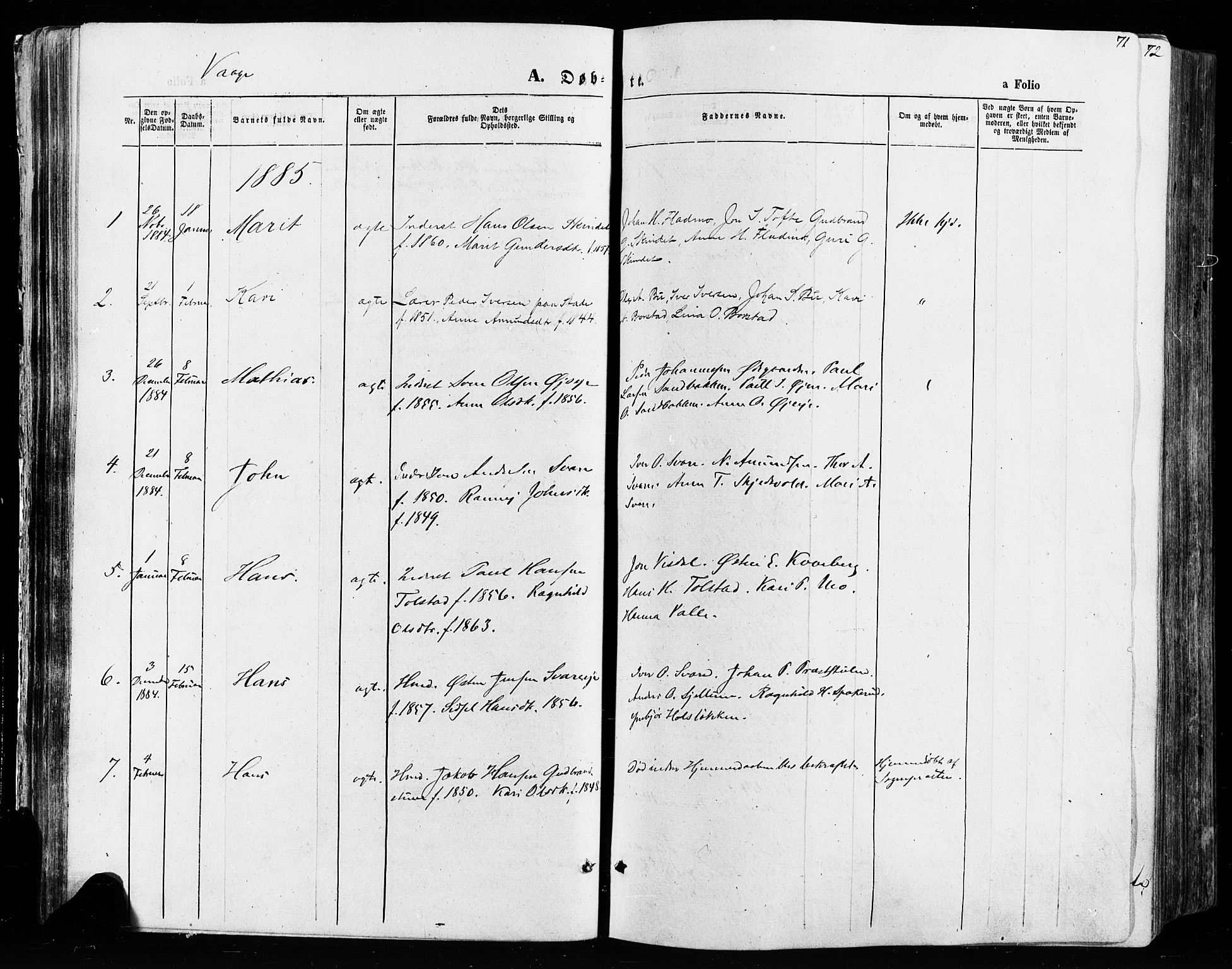 Vågå prestekontor, SAH/PREST-076/H/Ha/Haa/L0007: Parish register (official) no. 7 /1, 1872-1886, p. 71