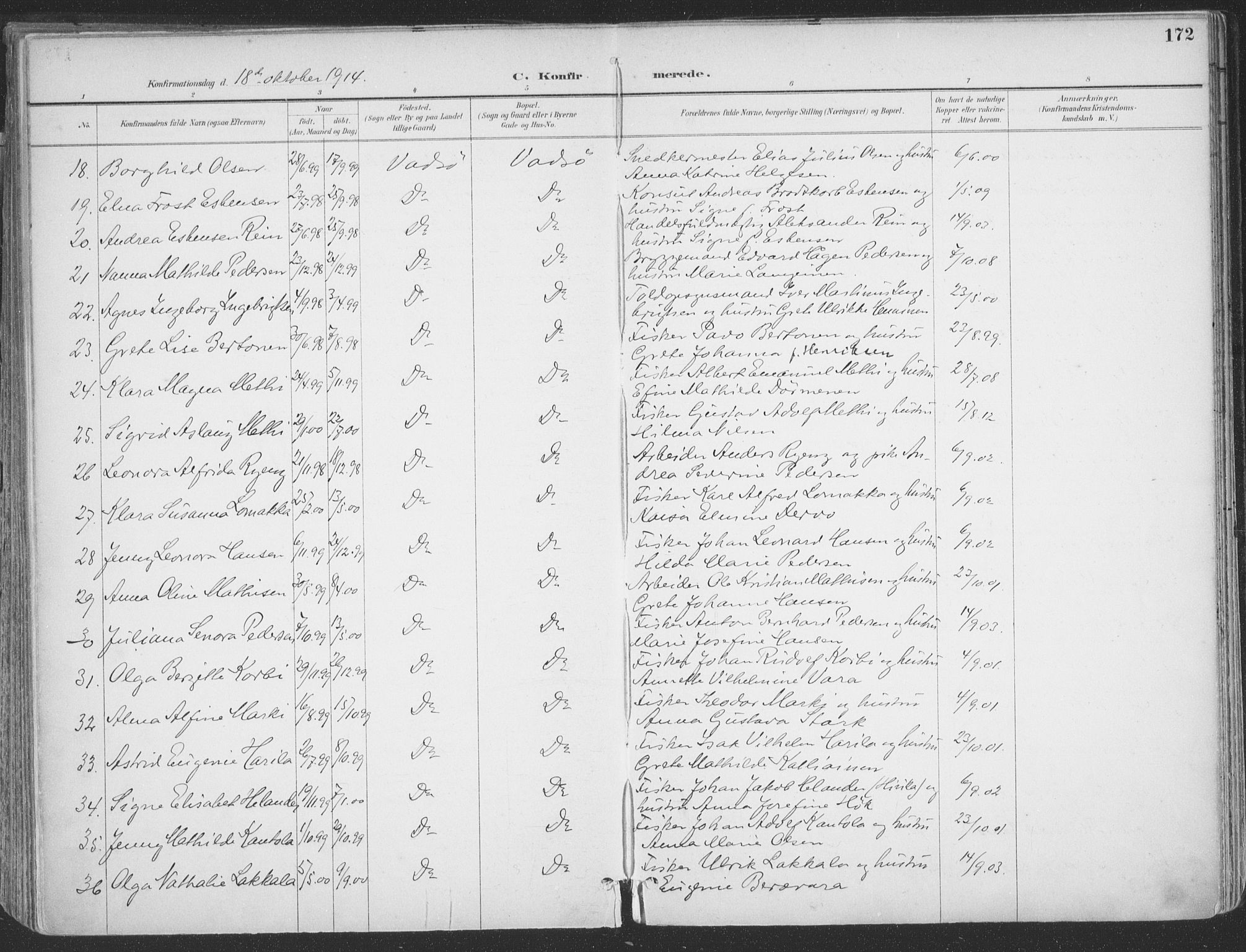 Vadsø sokneprestkontor, SATØ/S-1325/H/Ha/L0007kirke: Parish register (official) no. 7, 1896-1916, p. 172