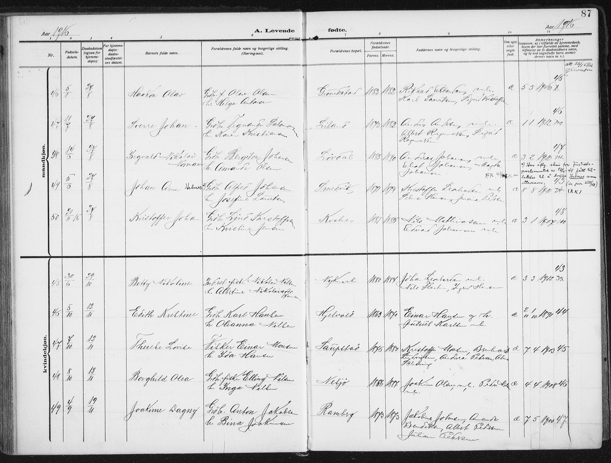 Ministerialprotokoller, klokkerbøker og fødselsregistre - Nordland, AV/SAT-A-1459/880/L1135: Parish register (official) no. 880A09, 1908-1919, p. 87