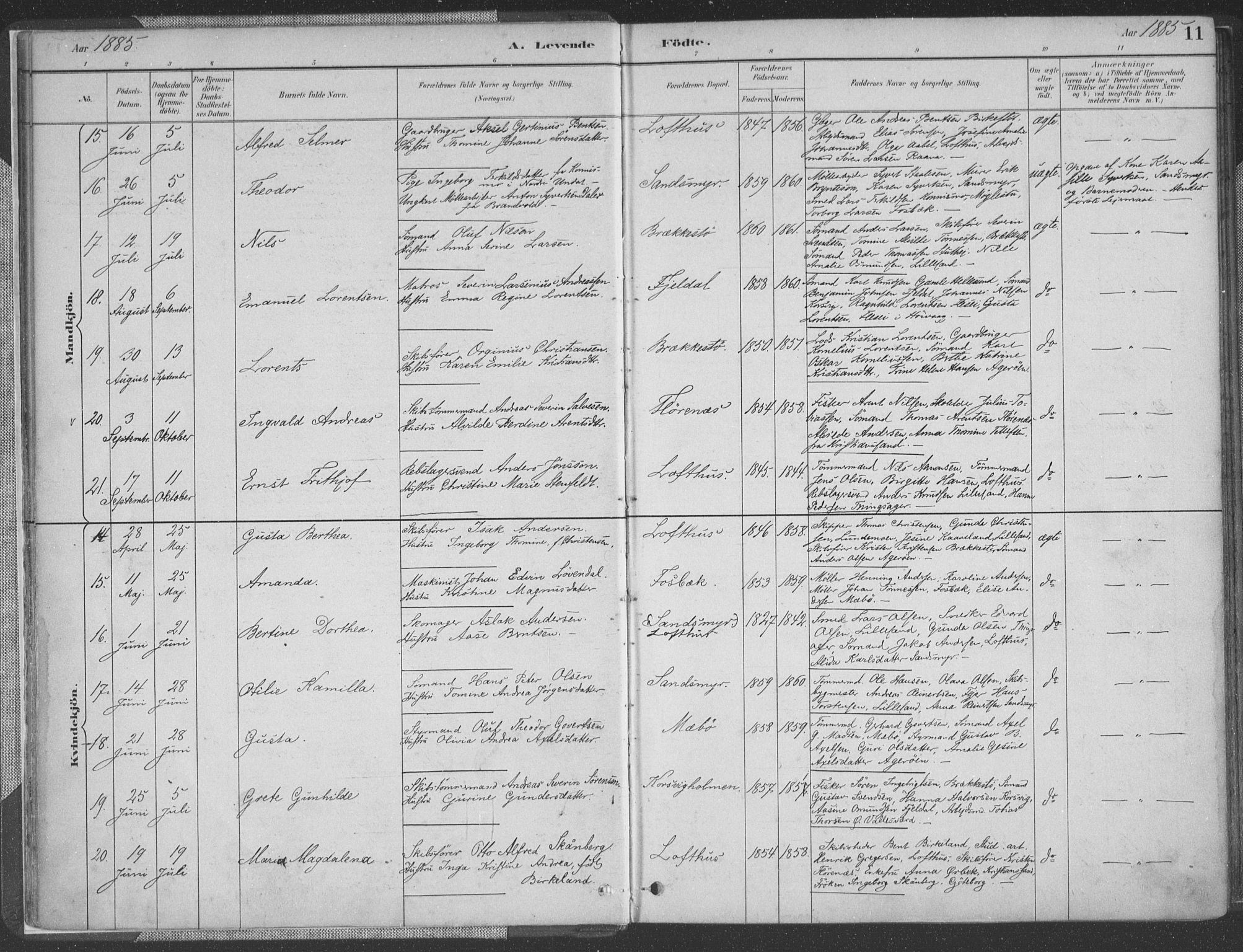 Vestre Moland sokneprestkontor, AV/SAK-1111-0046/F/Fa/Fab/L0009: Parish register (official) no. A 9, 1884-1899, p. 11
