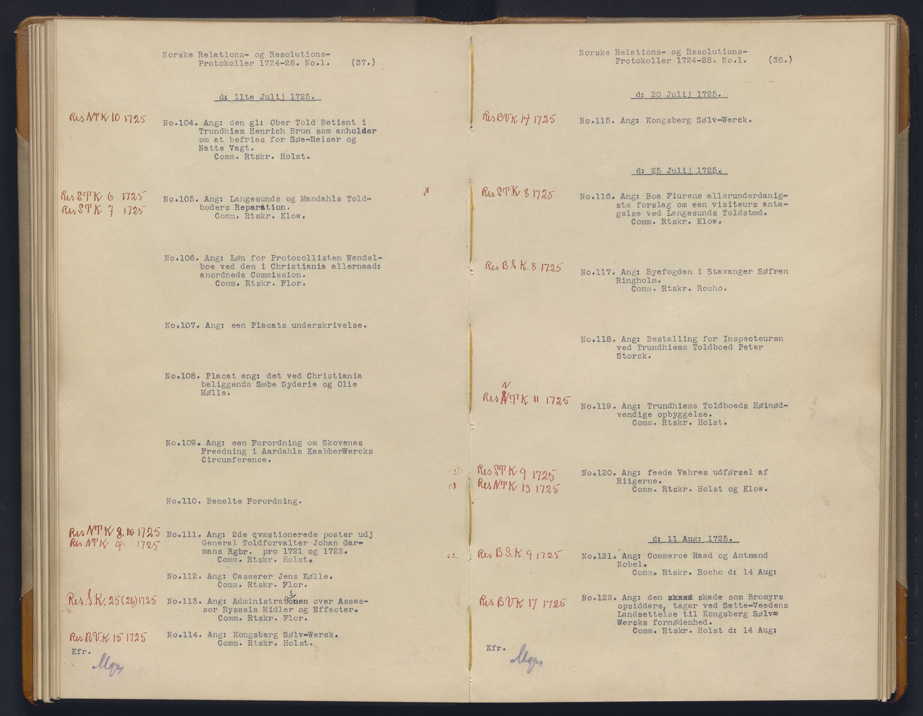 Avskriftsamlingen, AV/RA-EA-4022/F/Fb/L0115: Registratur over norske Relasjons- og resolusjonsprotkoller, 1724-1728, p. 39