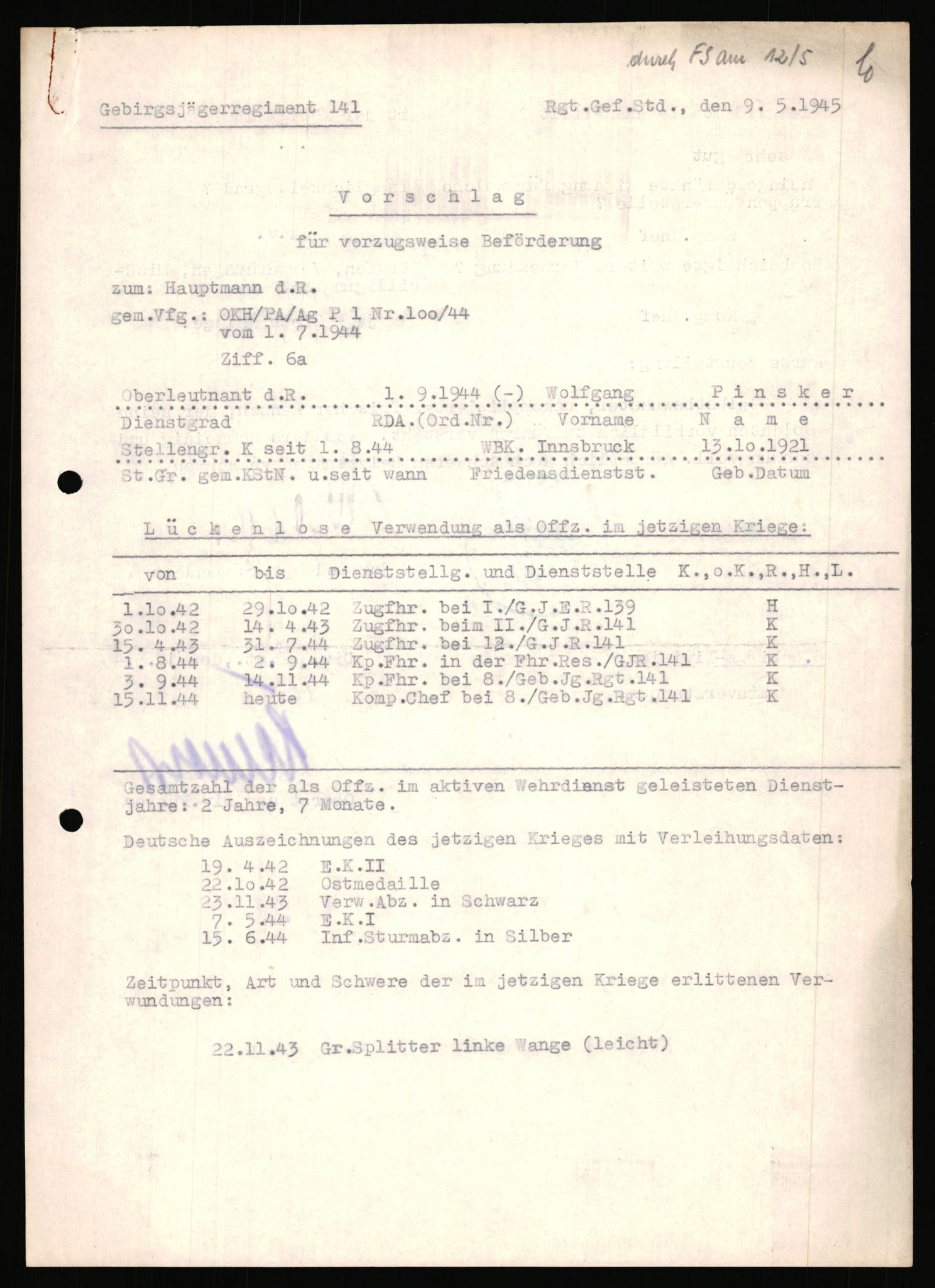 Forsvarets Overkommando. 2 kontor. Arkiv 11.4. Spredte tyske arkivsaker, AV/RA-RAFA-7031/D/Dar/Dara/L0018: Personalbøker, 1940-1945, p. 1223