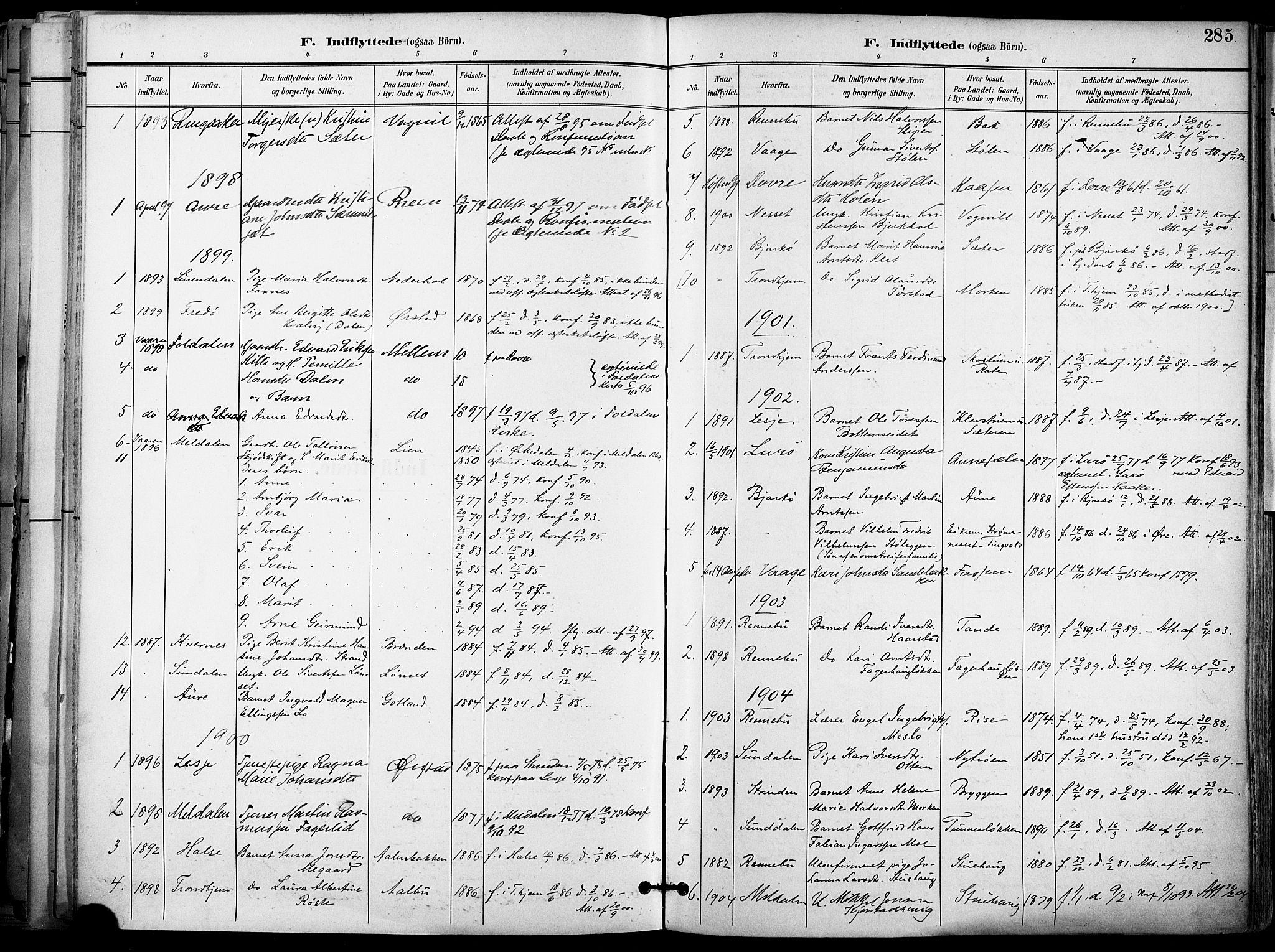 Ministerialprotokoller, klokkerbøker og fødselsregistre - Sør-Trøndelag, SAT/A-1456/678/L0902: Parish register (official) no. 678A11, 1895-1911, p. 285