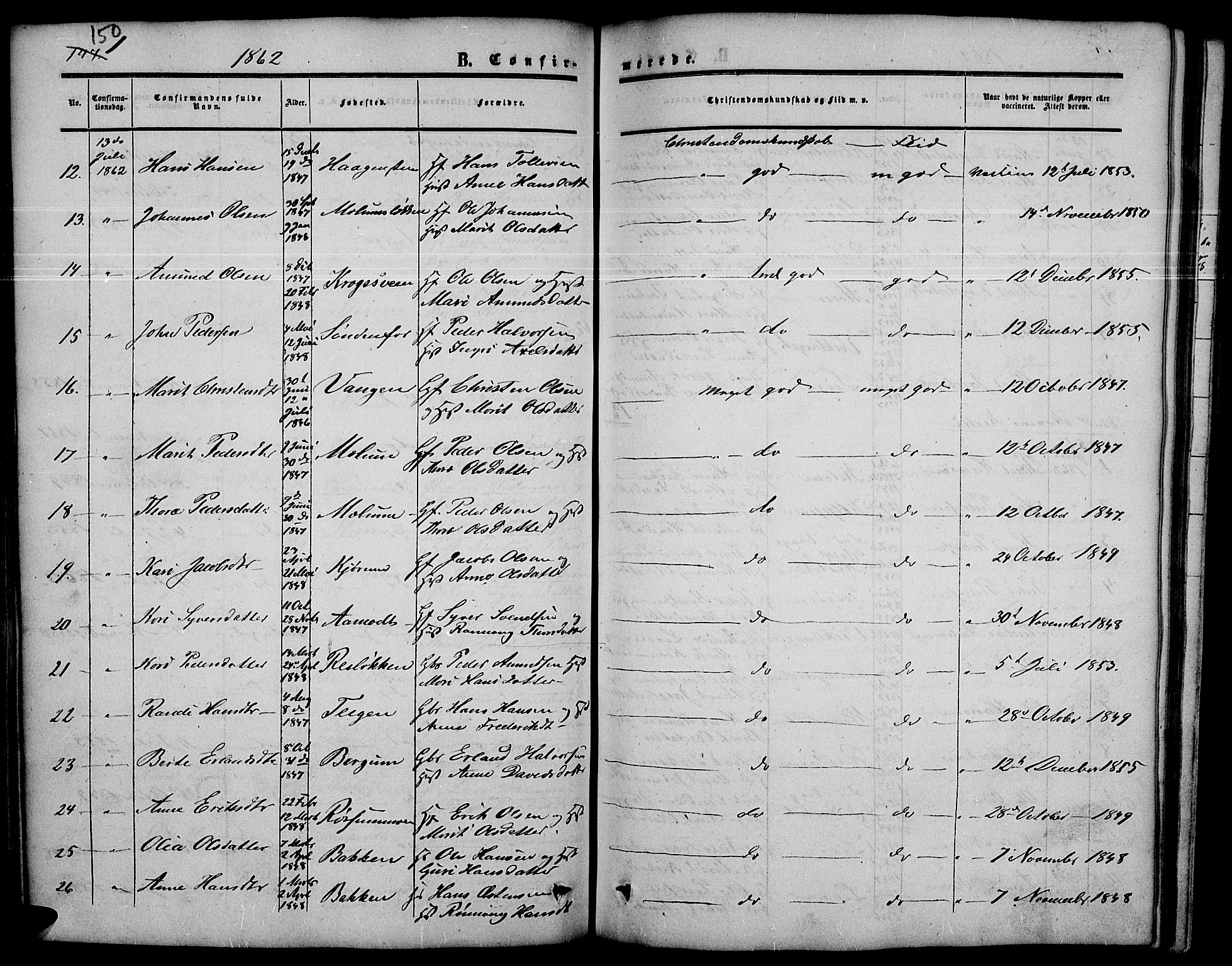 Nord-Fron prestekontor, SAH/PREST-080/H/Ha/Hab/L0003: Parish register (copy) no. 3, 1851-1886, p. 150