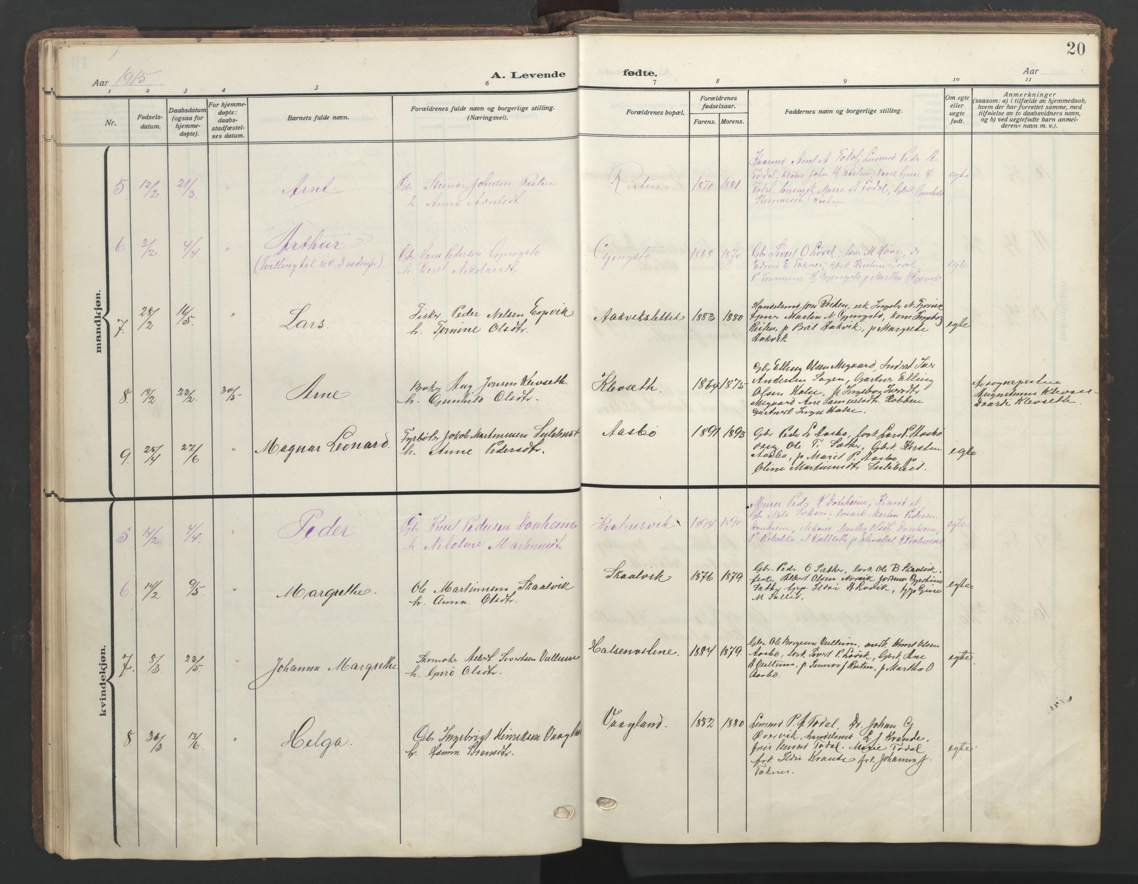 Ministerialprotokoller, klokkerbøker og fødselsregistre - Møre og Romsdal, SAT/A-1454/576/L0891: Parish register (copy) no. 576C02, 1909-1946, p. 20