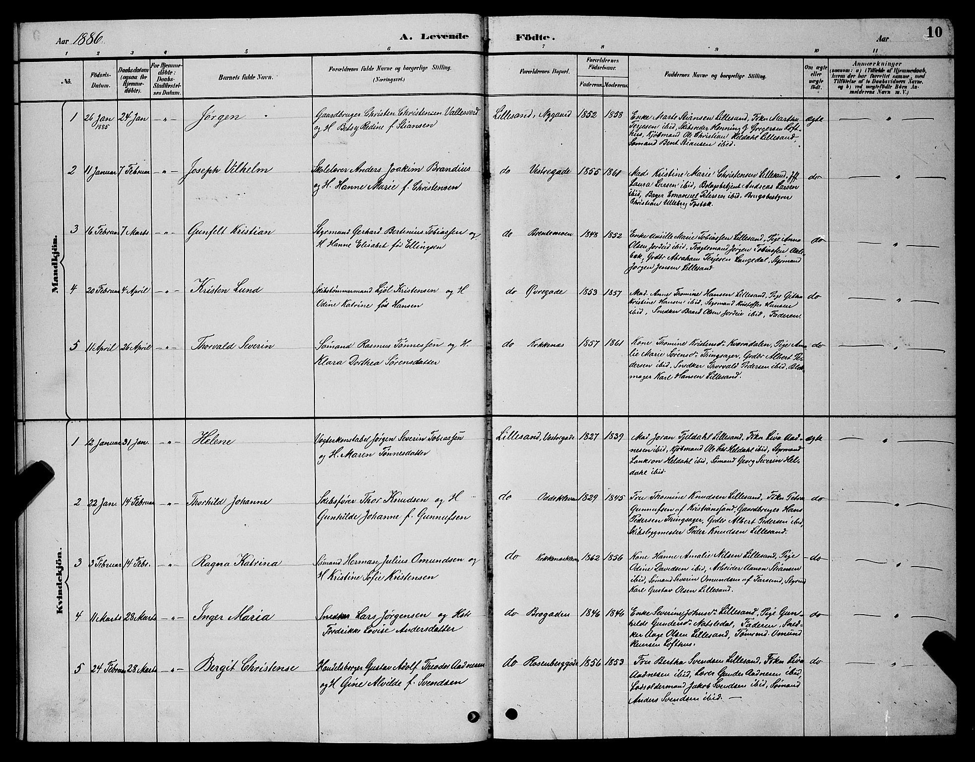 Vestre Moland sokneprestkontor, SAK/1111-0046/F/Fb/Fba/L0001: Parish register (copy) no. B 1, 1884-1903, p. 10