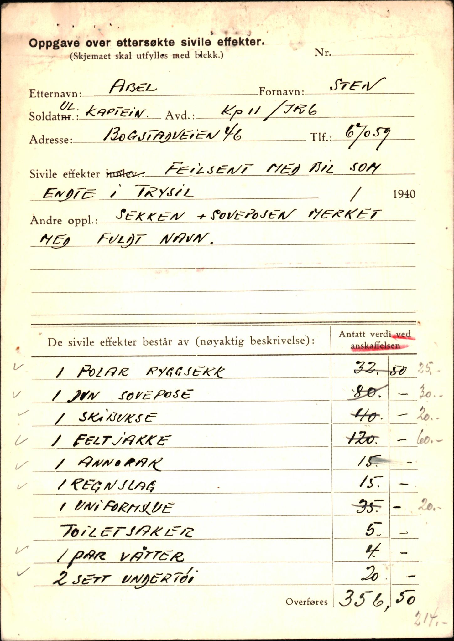 Justisdepartementet, Oppgjørsavdelingen, RA/S-1056/G/Gb/L0001: Oppgaver over ettersøkte sivile effekter. Abel, Sten - Andersen, Anders J. + Axelsen, 1940-1942, p. 2