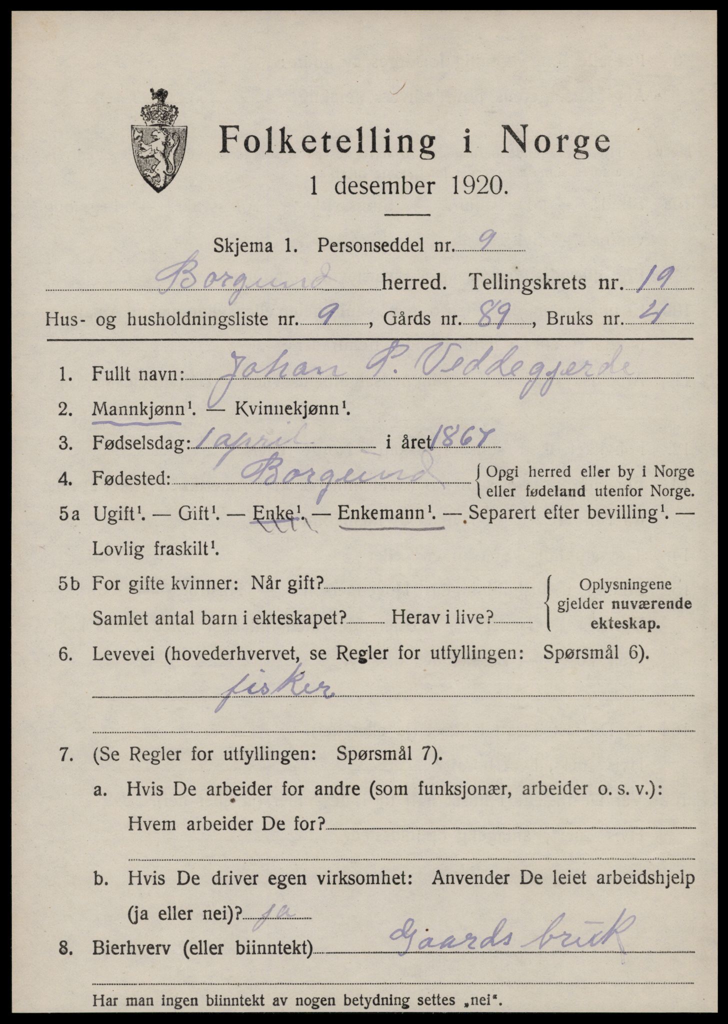 SAT, 1920 census for Borgund, 1920, p. 13436