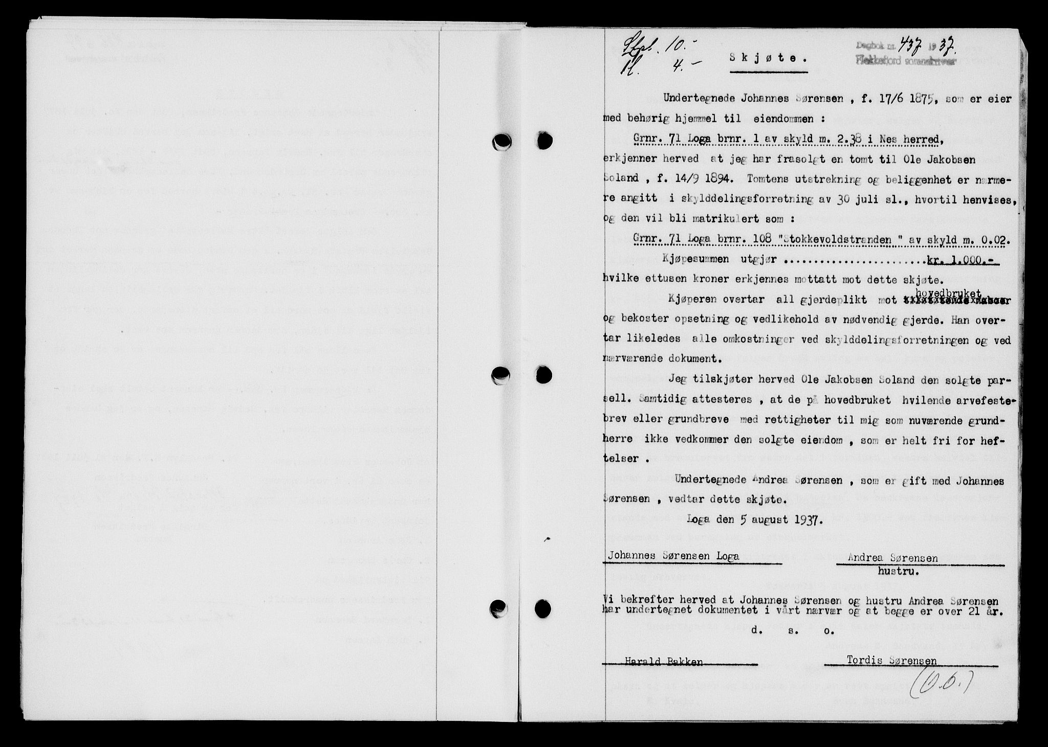 Flekkefjord sorenskriveri, SAK/1221-0001/G/Gb/Gba/L0053: Mortgage book no. A-1, 1936-1937, Diary no: : 437/1937