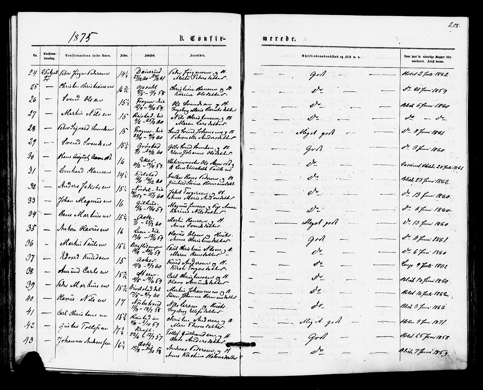 Lier kirkebøker, SAKO/A-230/F/Fa/L0014: Parish register (official) no. I 14, 1875-1882, p. 208