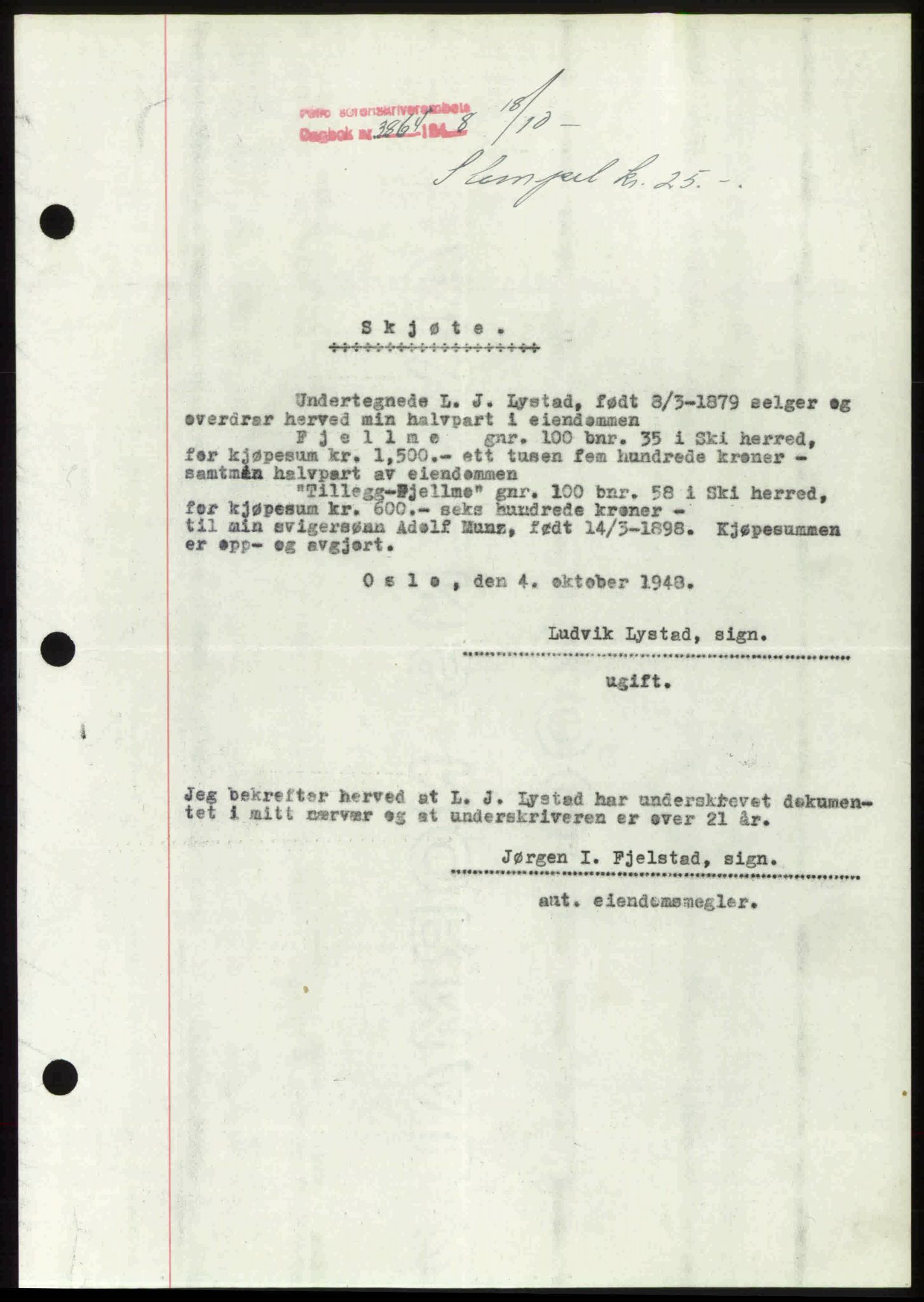 Follo sorenskriveri, SAO/A-10274/G/Ga/Gaa/L0085: Mortgage book no. I 85, 1948-1948, Diary no: : 3864/1948