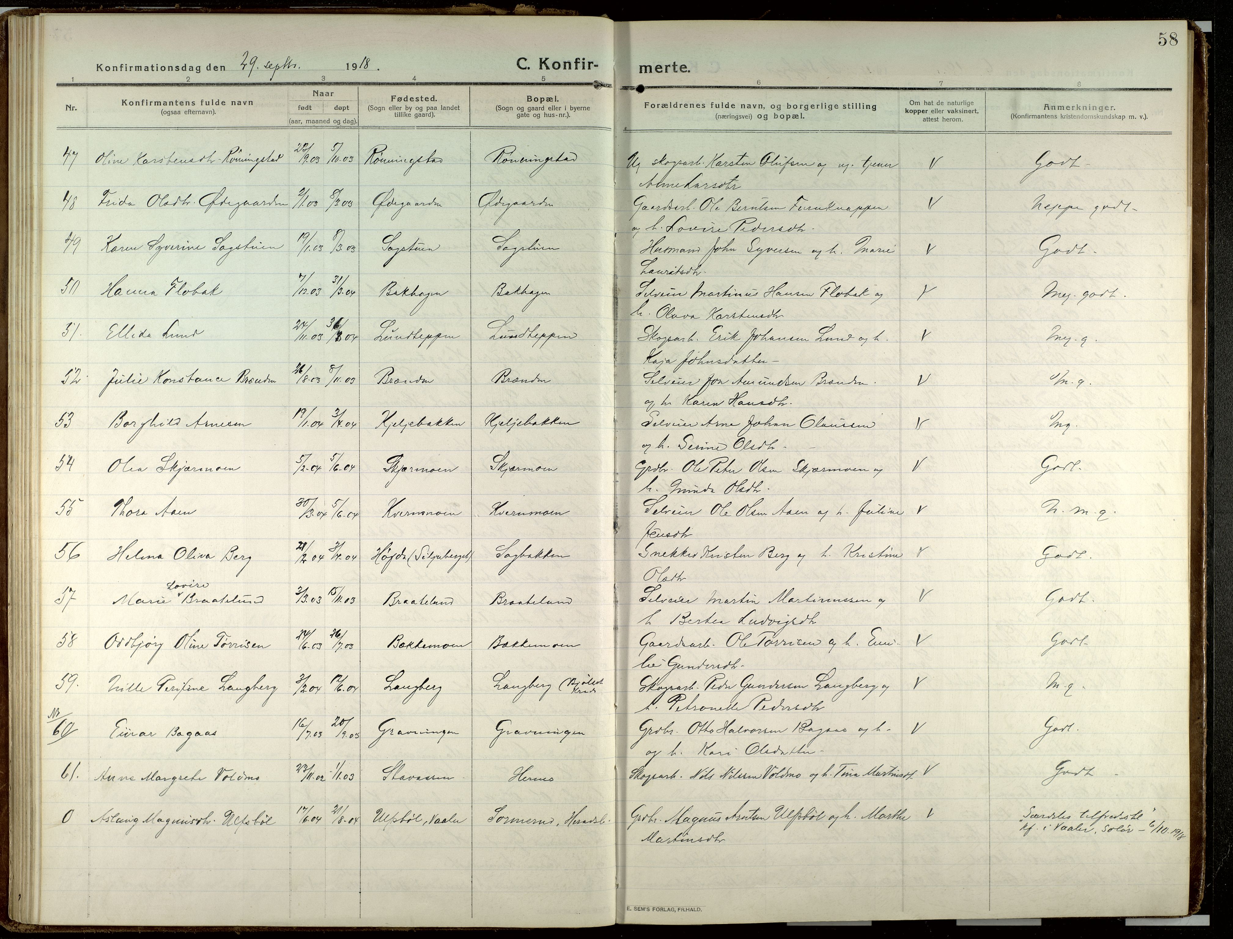 Elverum prestekontor, AV/SAH-PREST-044/H/Ha/Haa/L0023: Parish register (official) no. 23, 1914-1929, p. 58