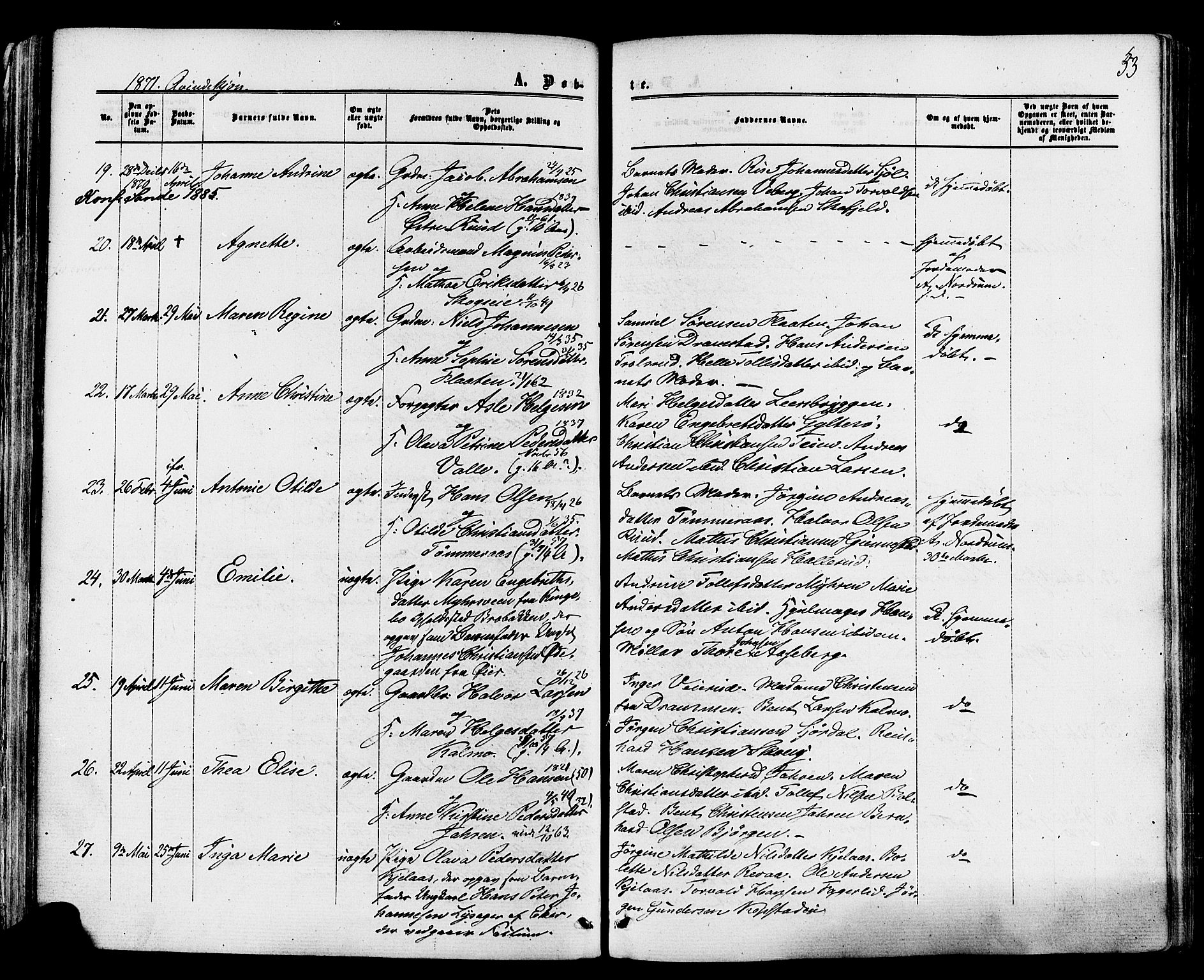 Sande Kirkebøker, SAKO/A-53/F/Fa/L0005: Parish register (official) no. 5, 1865-1877, p. 53