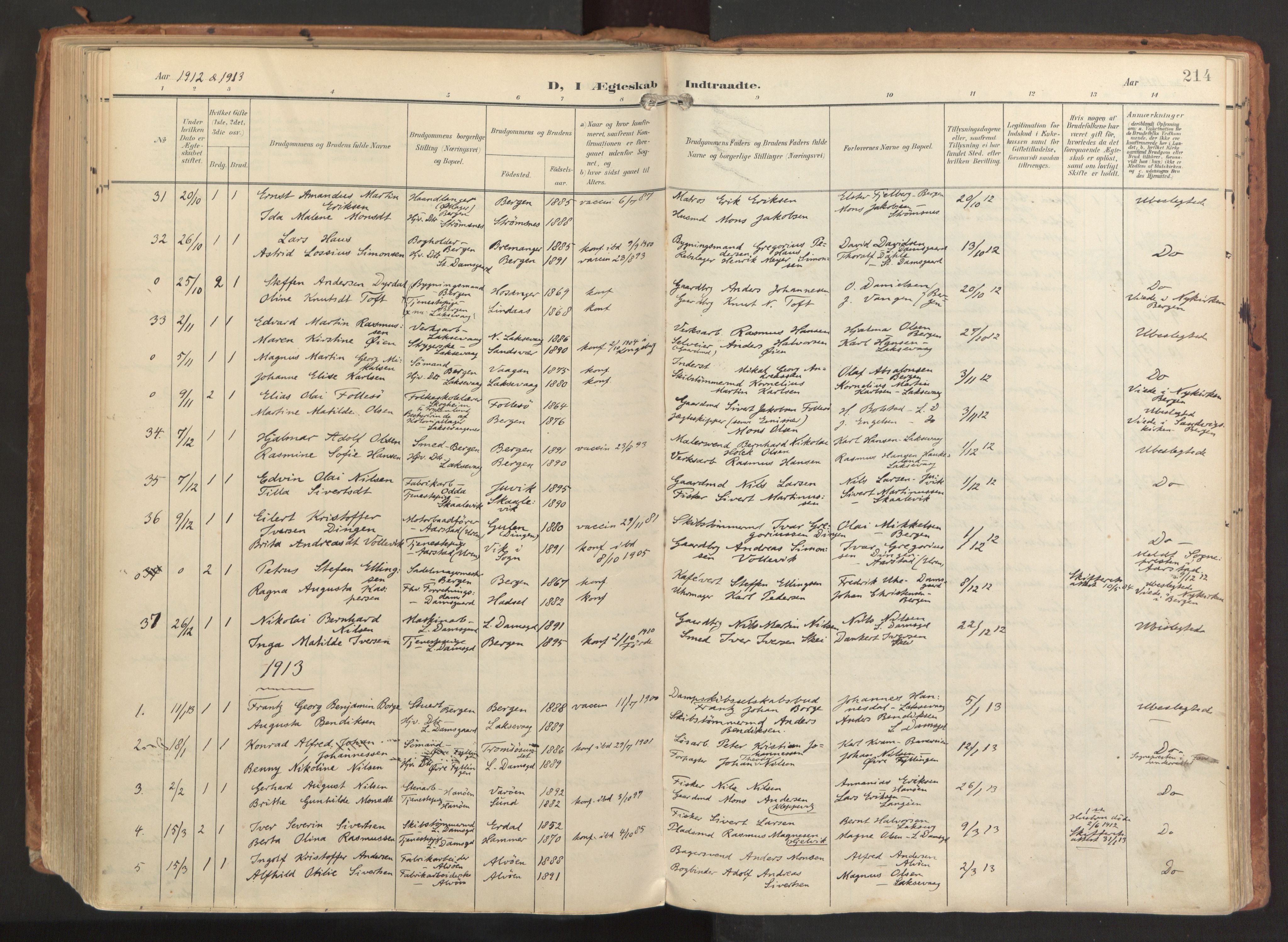 Laksevåg Sokneprestembete, AV/SAB-A-76501/H/Ha/Haa/Haaa/L0001: Parish register (official) no. A 1, 1903-1917, p. 214