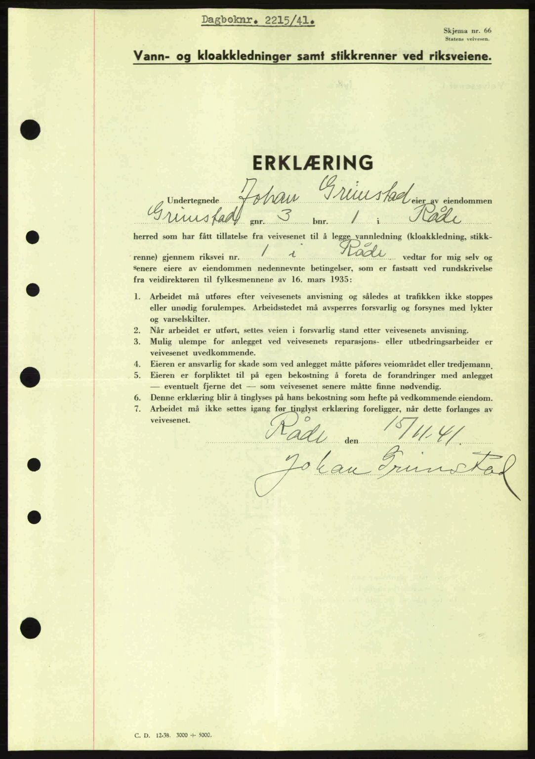 Moss sorenskriveri, SAO/A-10168: Mortgage book no. A9, 1941-1942, Diary no: : 2215/1941