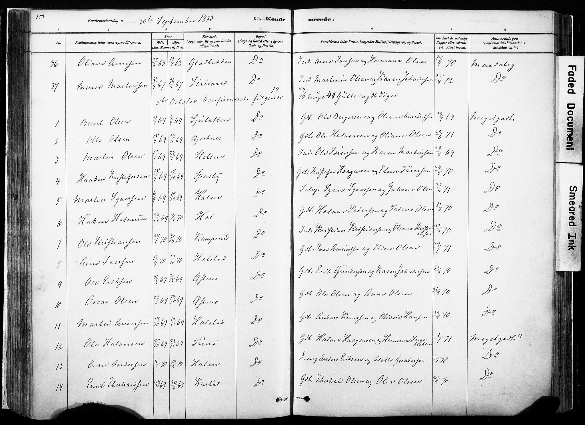 Hof prestekontor, SAH/PREST-038/H/Ha/Haa/L0010: Parish register (official) no. 10, 1878-1909, p. 153