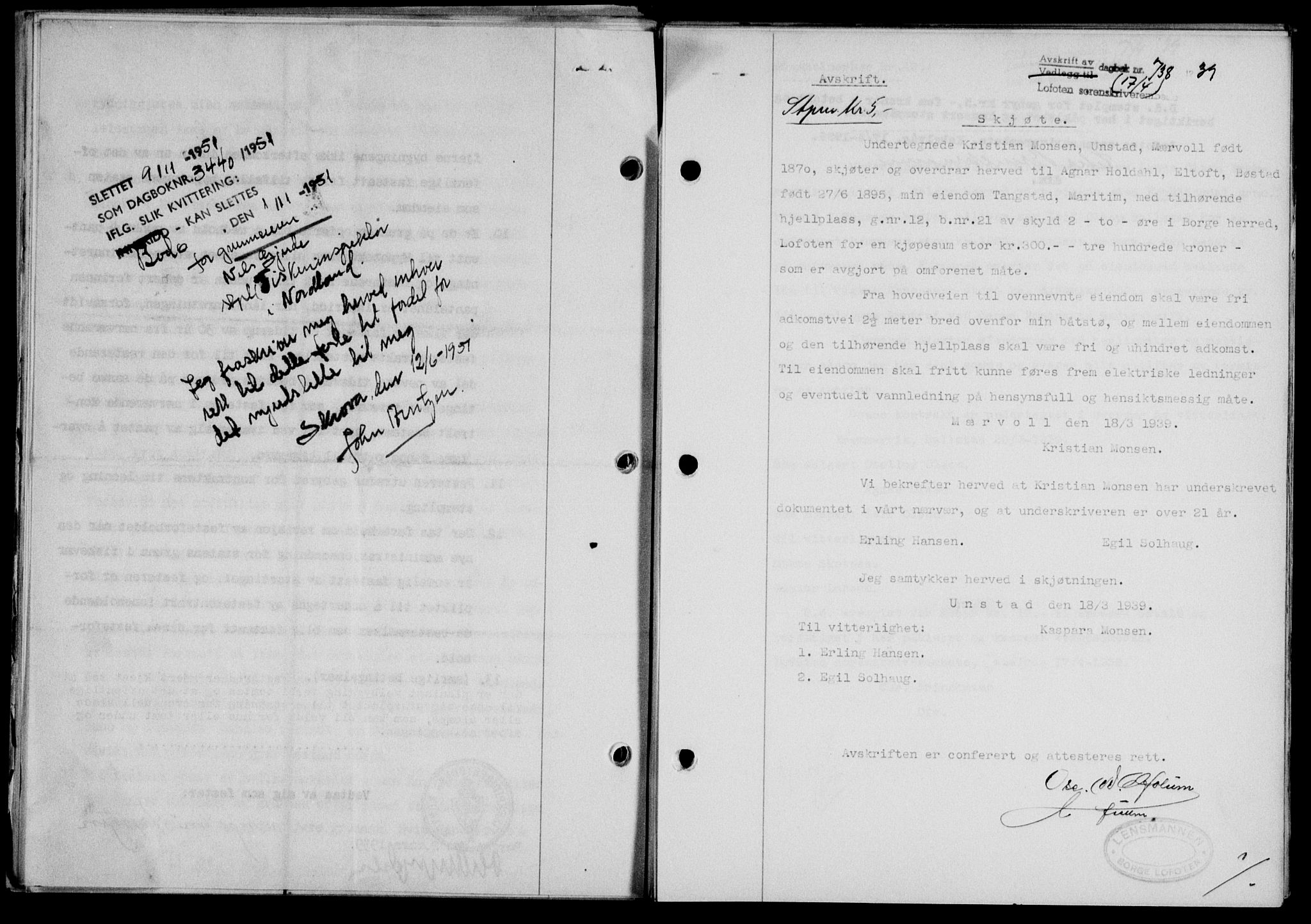 Lofoten sorenskriveri, SAT/A-0017/1/2/2C/L0005a: Mortgage book no. 5a, 1939-1939, Diary no: : 738/1939