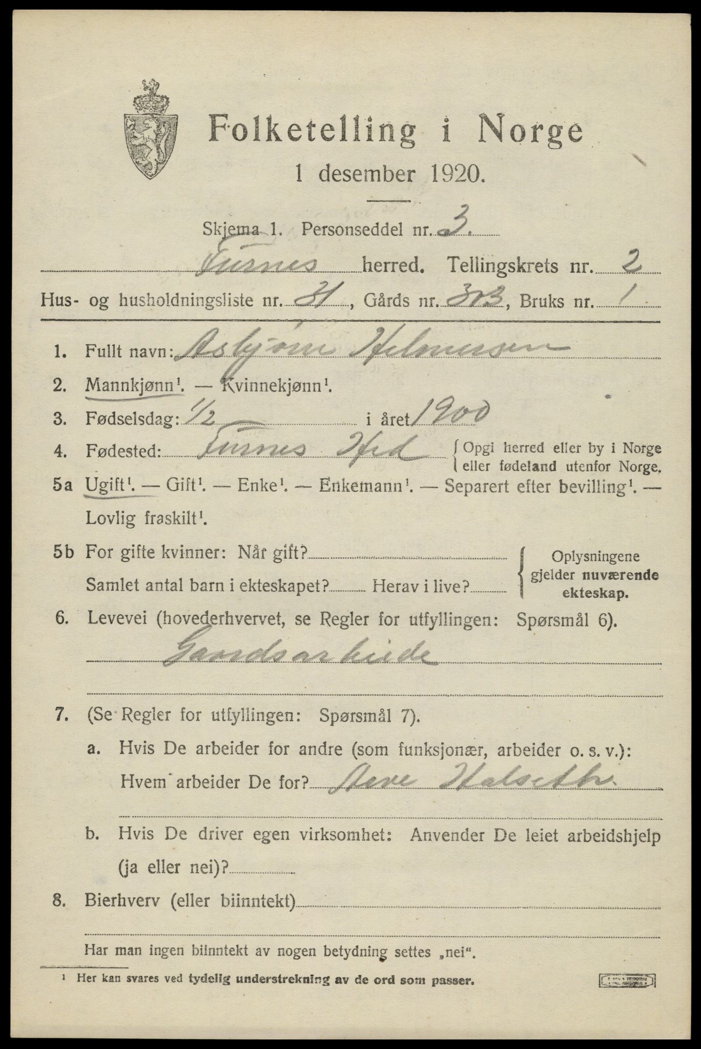 SAH, 1920 census for Furnes, 1920, p. 3421