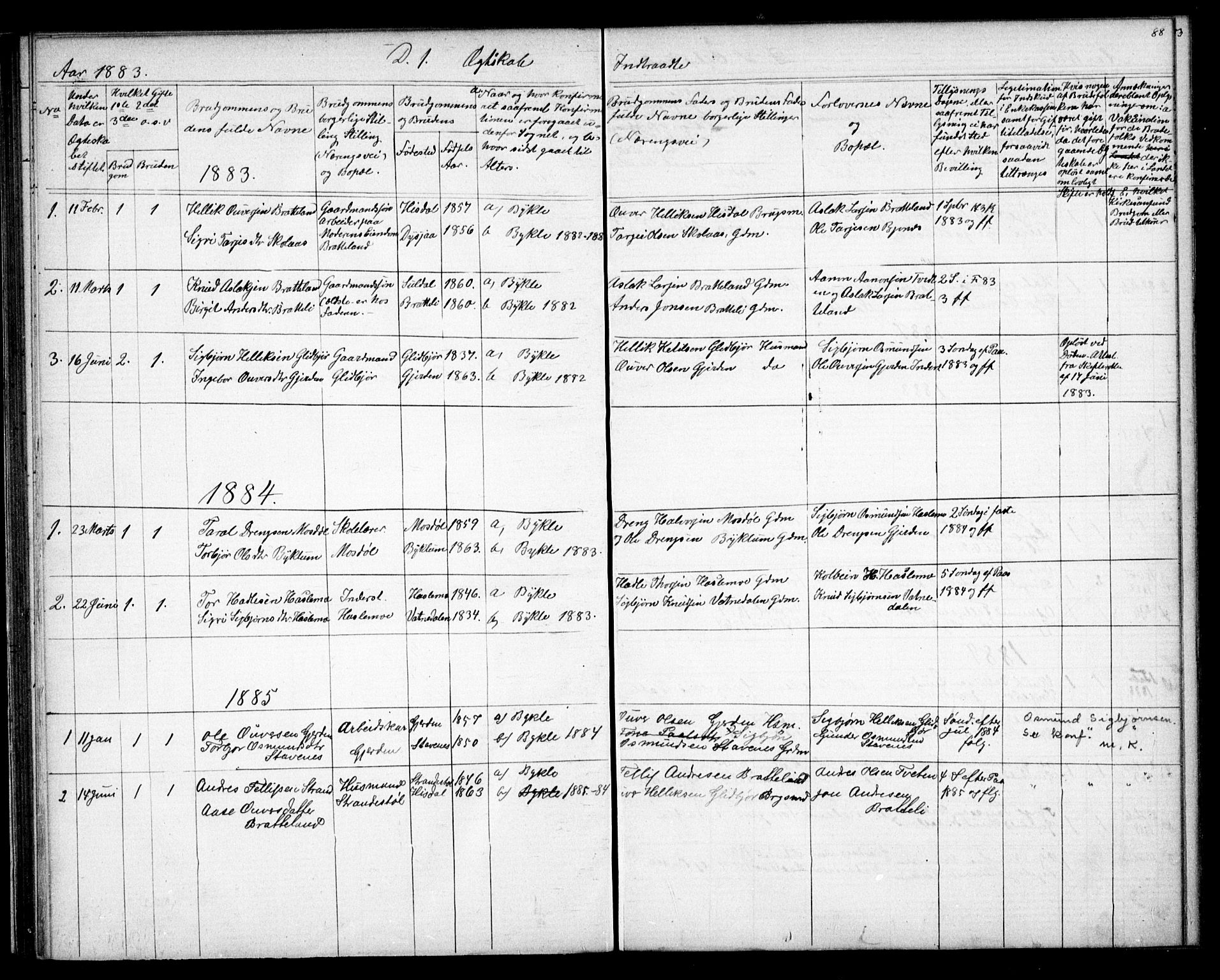 Valle sokneprestkontor, AV/SAK-1111-0044/F/Fb/Fba/L0002: Parish register (copy) no. B 2, 1882-1894, p. 88