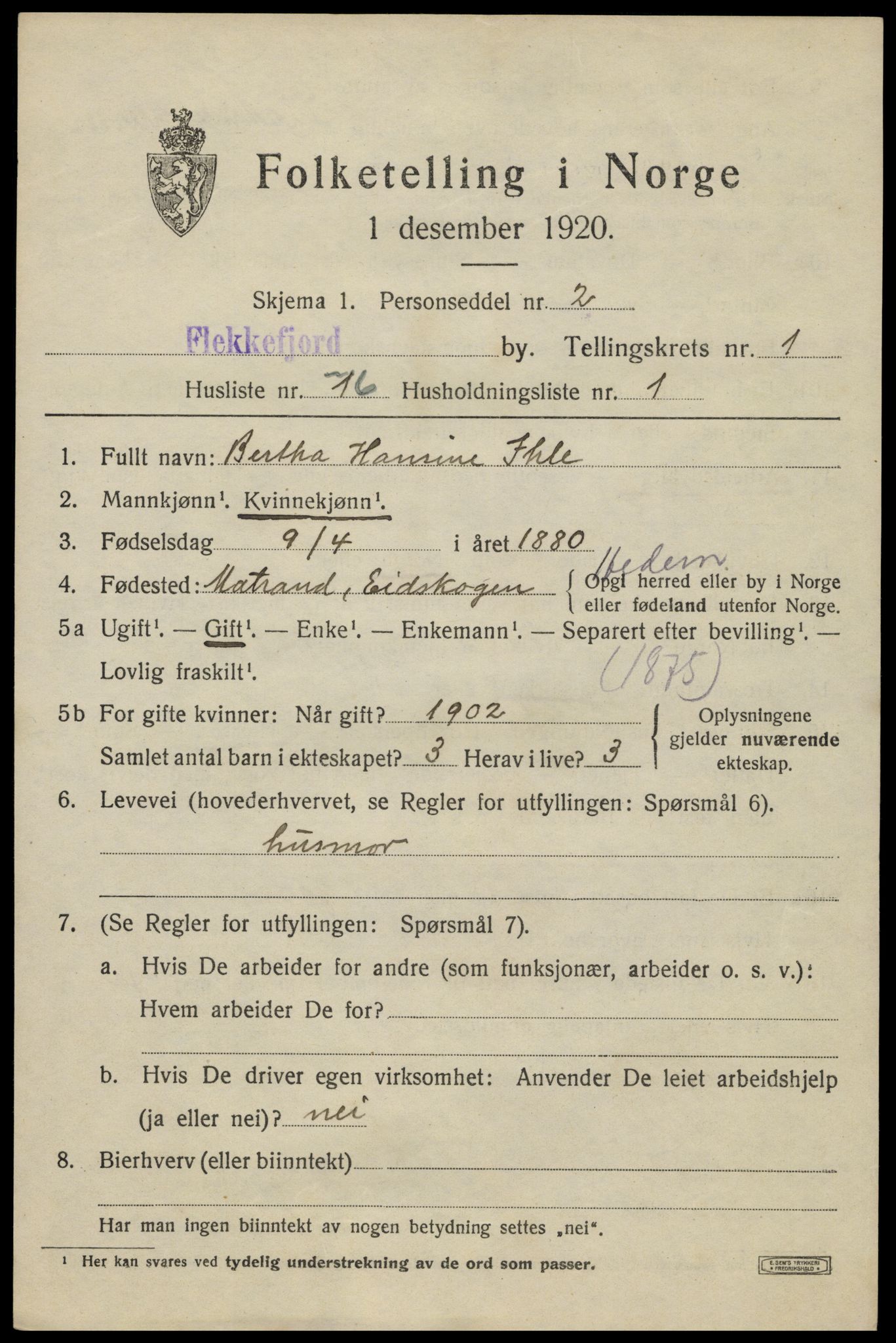 SAK, 1920 census for Flekkefjord, 1920, p. 2478