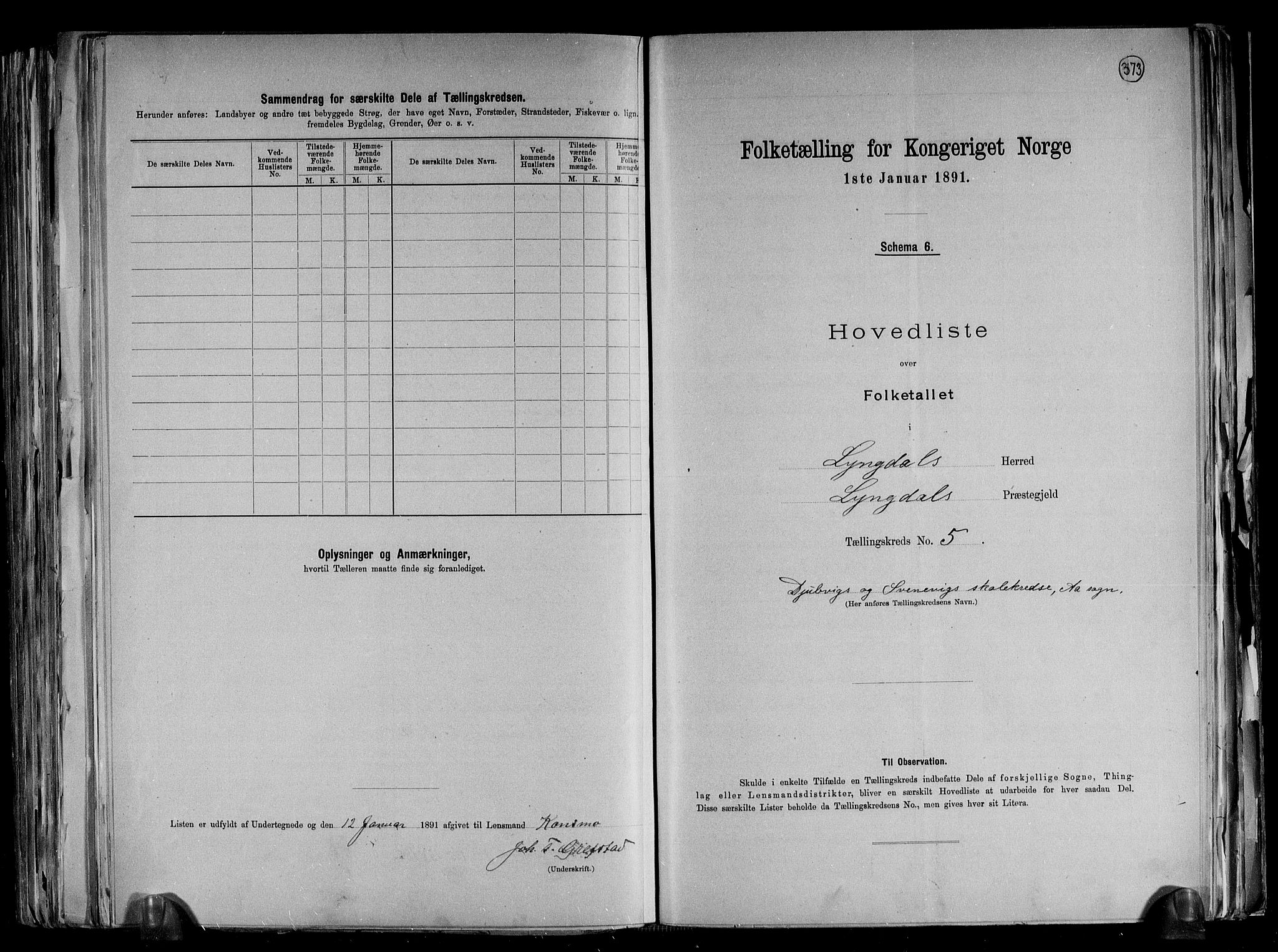 RA, 1891 census for 1032 Lyngdal, 1891, p. 15