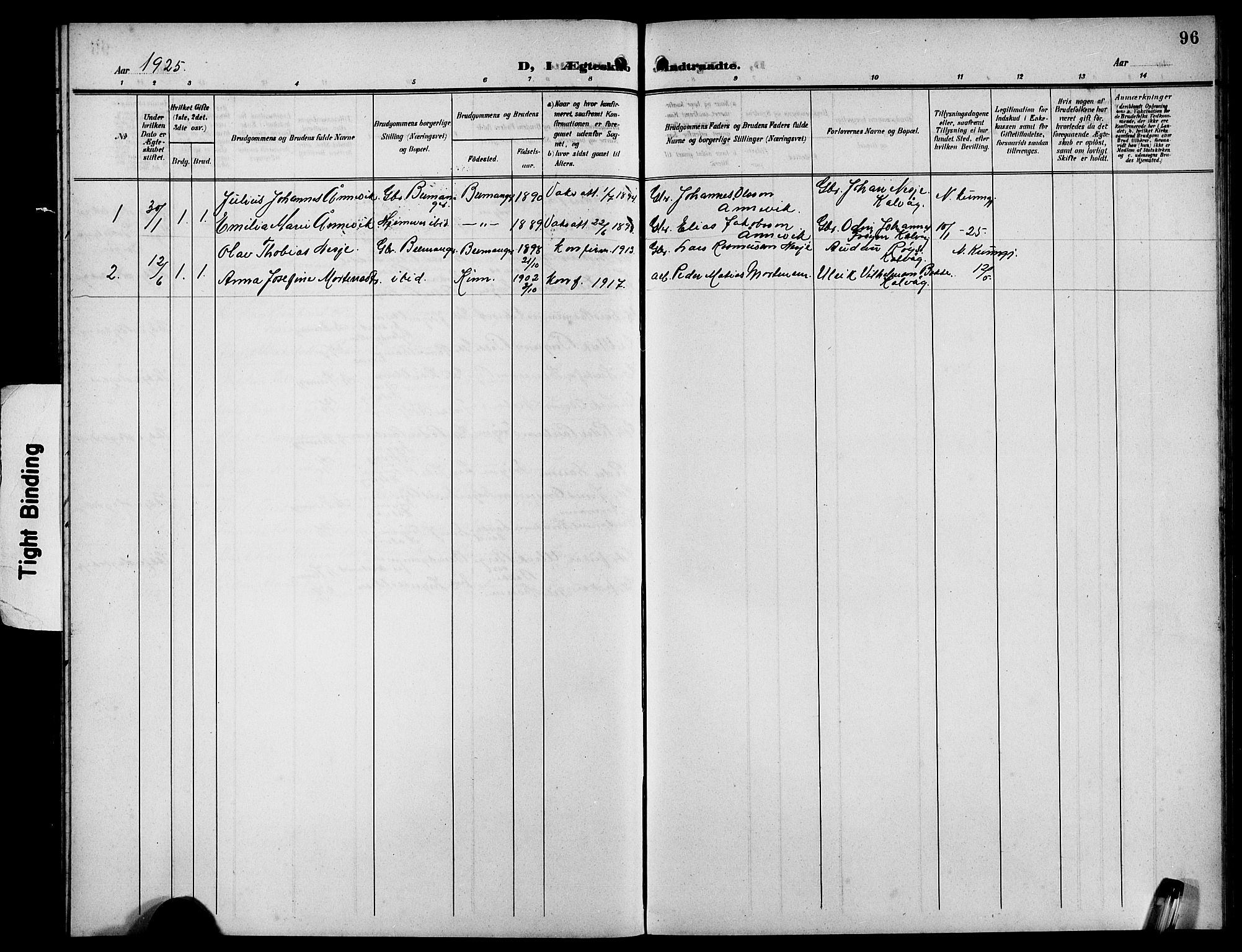 Bremanger sokneprestembete, SAB/A-82201/H/Hab/Habb/L0001: Parish register (copy) no. B 1, 1906-1925, p. 96
