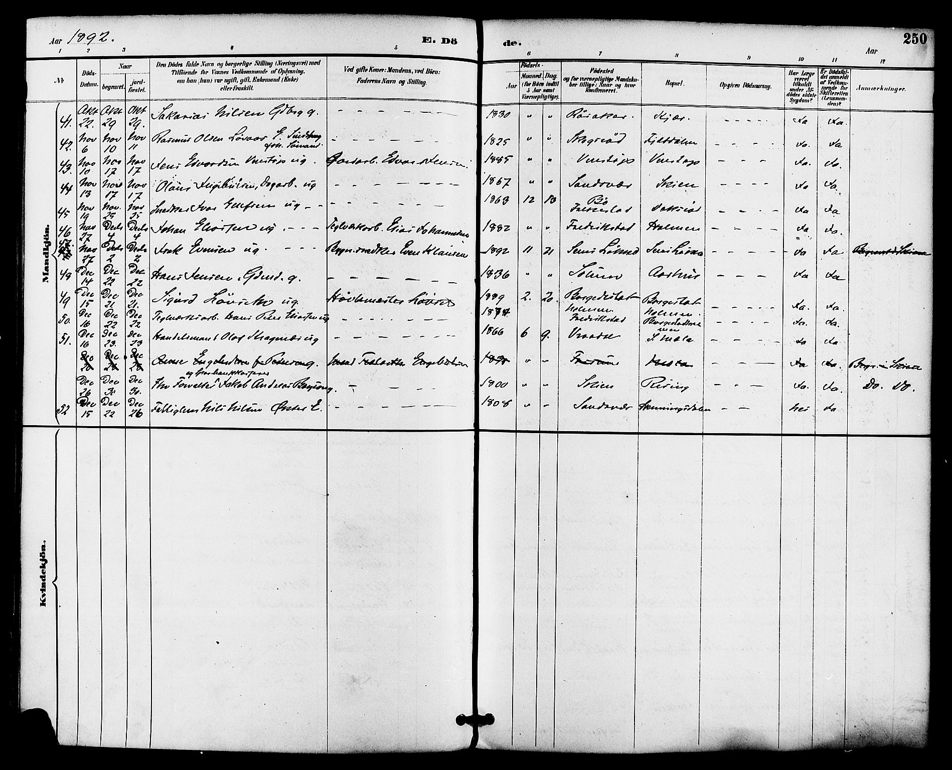 Gjerpen kirkebøker, SAKO/A-265/F/Fa/L0010: Parish register (official) no. I 10, 1886-1895, p. 250