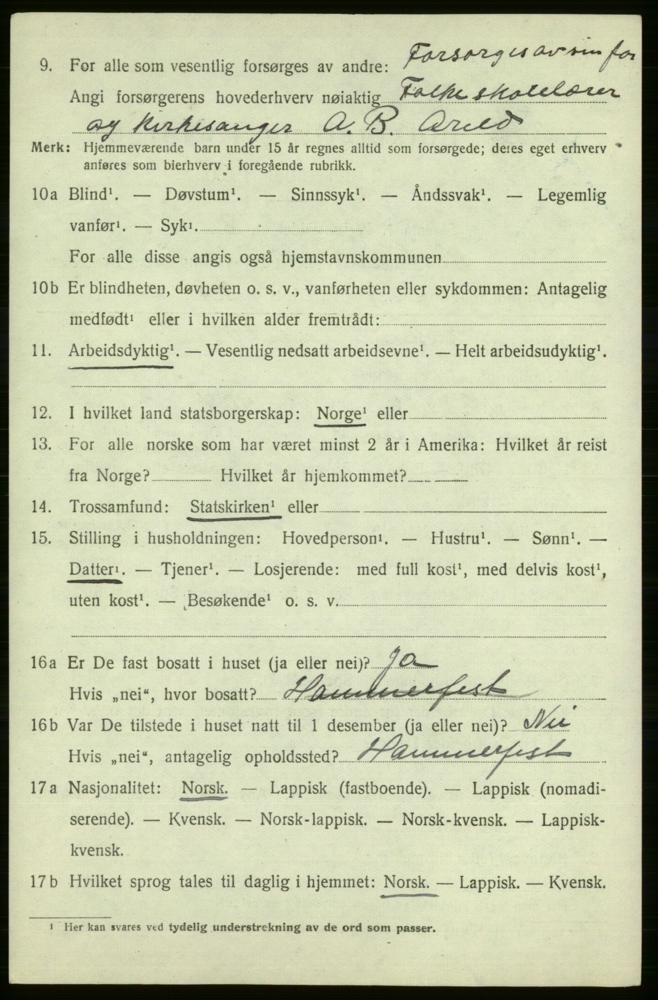 SATØ, 1920 census for Kistrand, 1920, p. 1523