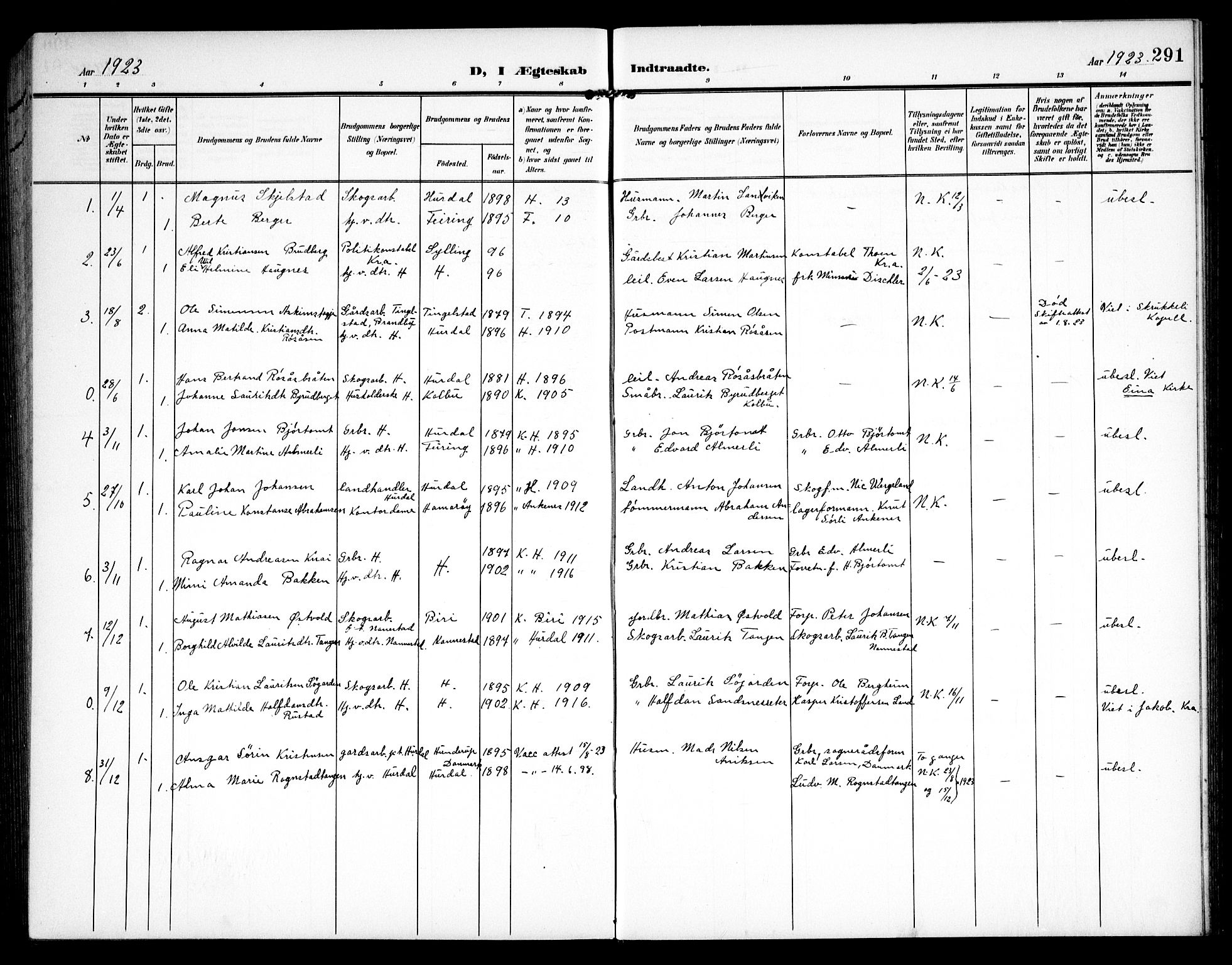 Hurdal prestekontor Kirkebøker, AV/SAO-A-10889/G/Ga/L0001: Parish register (copy) no. I 1, 1902-1934, p. 291