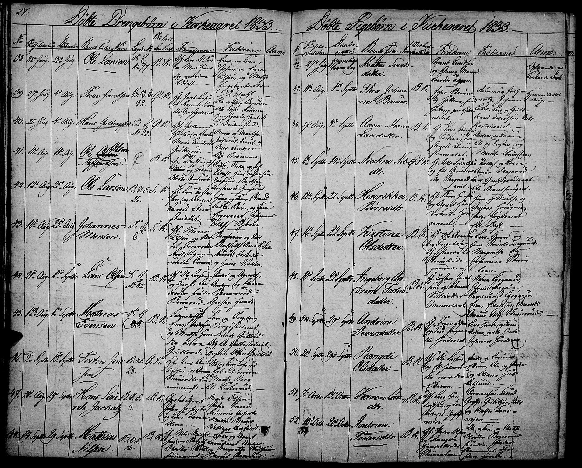 Biri prestekontor, AV/SAH-PREST-096/H/Ha/Haa/L0004: Parish register (official) no. 4, 1829-1842, p. 27