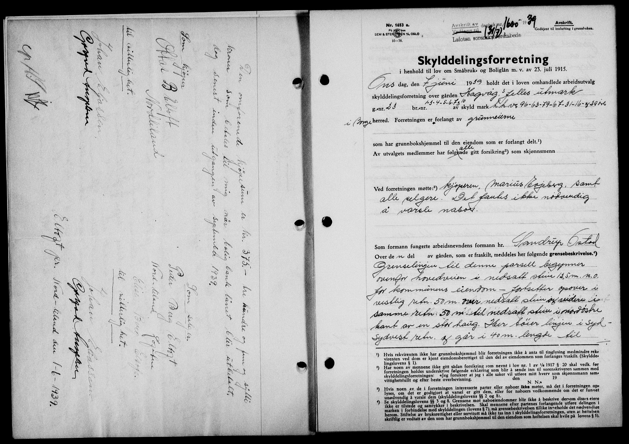Lofoten sorenskriveri, SAT/A-0017/1/2/2C/L0006a: Mortgage book no. 6a, 1939-1939, Diary no: : 1600/1939