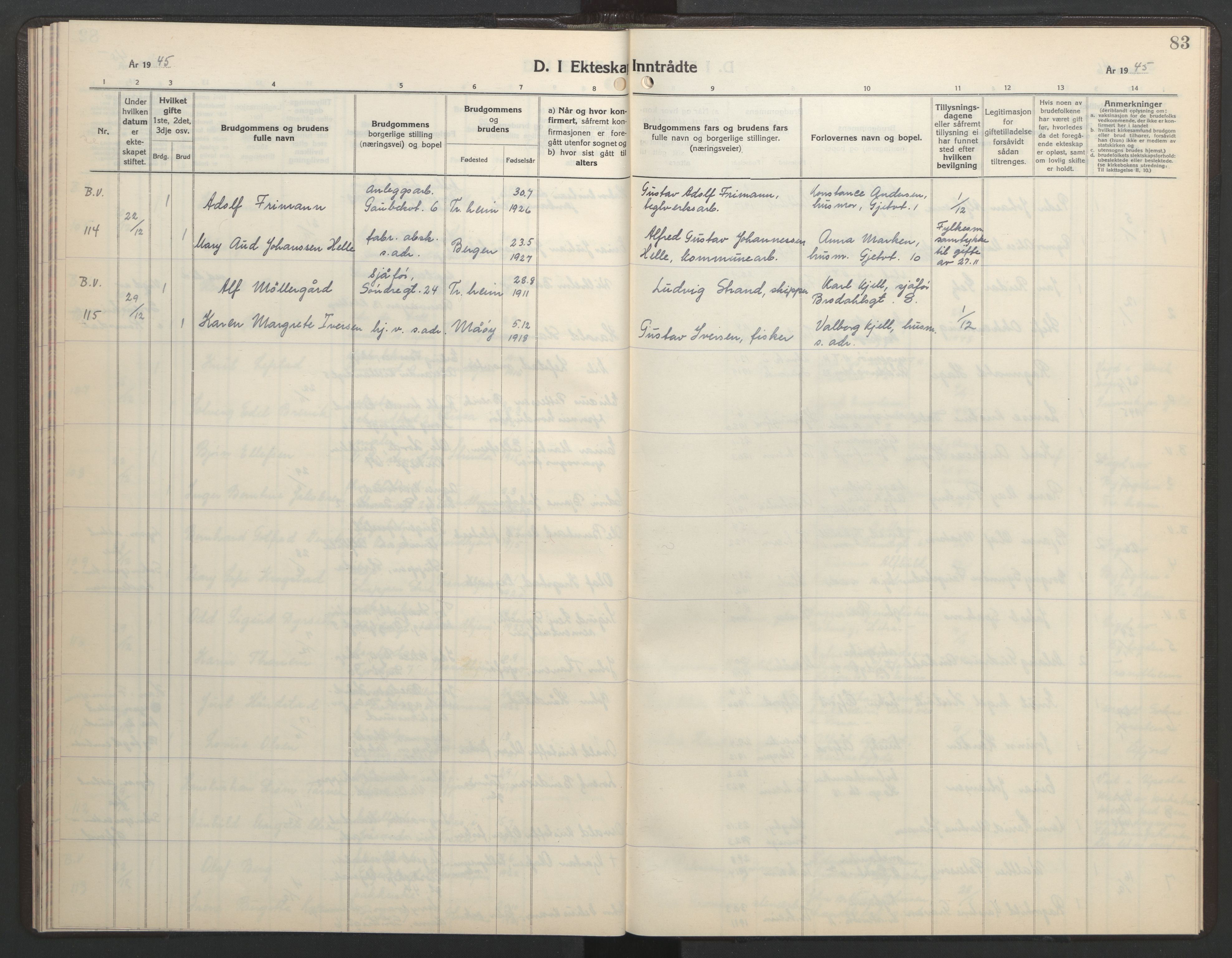 Ministerialprotokoller, klokkerbøker og fødselsregistre - Sør-Trøndelag, SAT/A-1456/602/L0154: Parish register (copy) no. 602C22, 1940-1947, p. 83