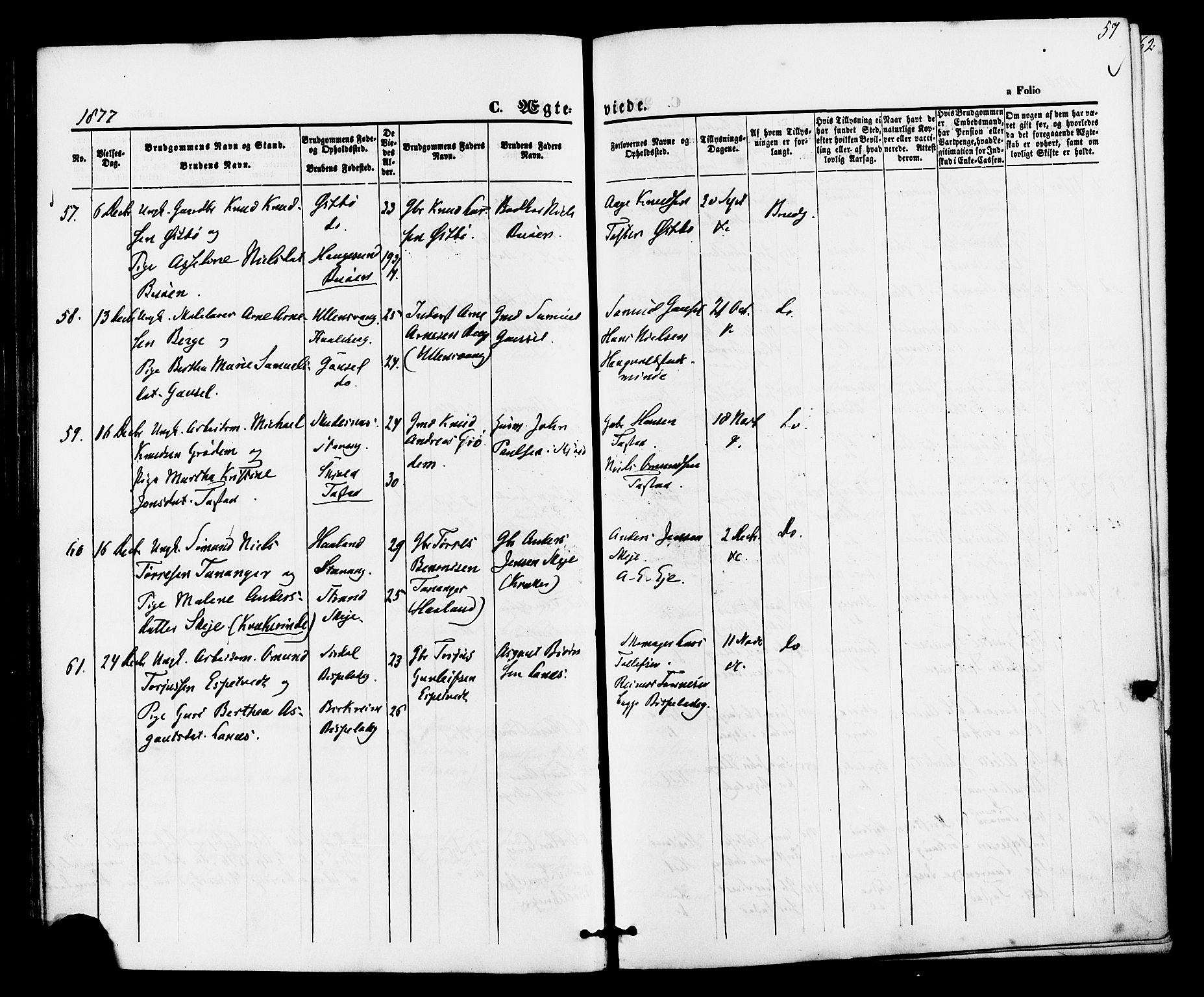 Hetland sokneprestkontor, AV/SAST-A-101826/30/30BA/L0005: Parish register (official) no. A 5, 1869-1884, p. 57