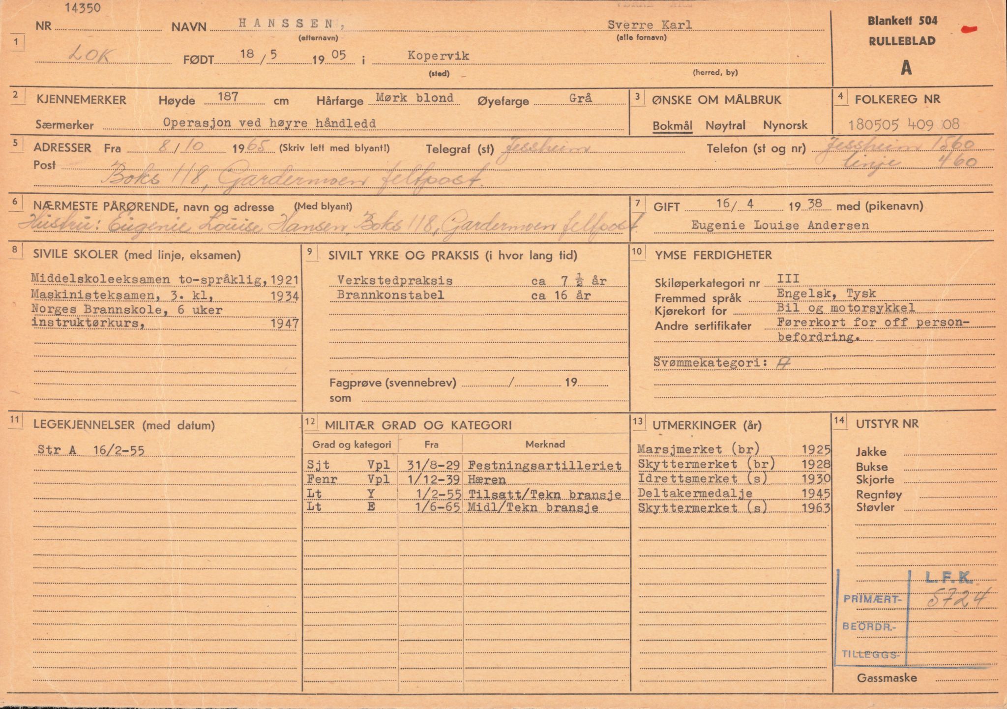 Forsvaret, Forsvarets overkommando/Luftforsvarsstaben, AV/RA-RAFA-4079/P/Pa/L0013: Personellmapper, 1905, p. 129