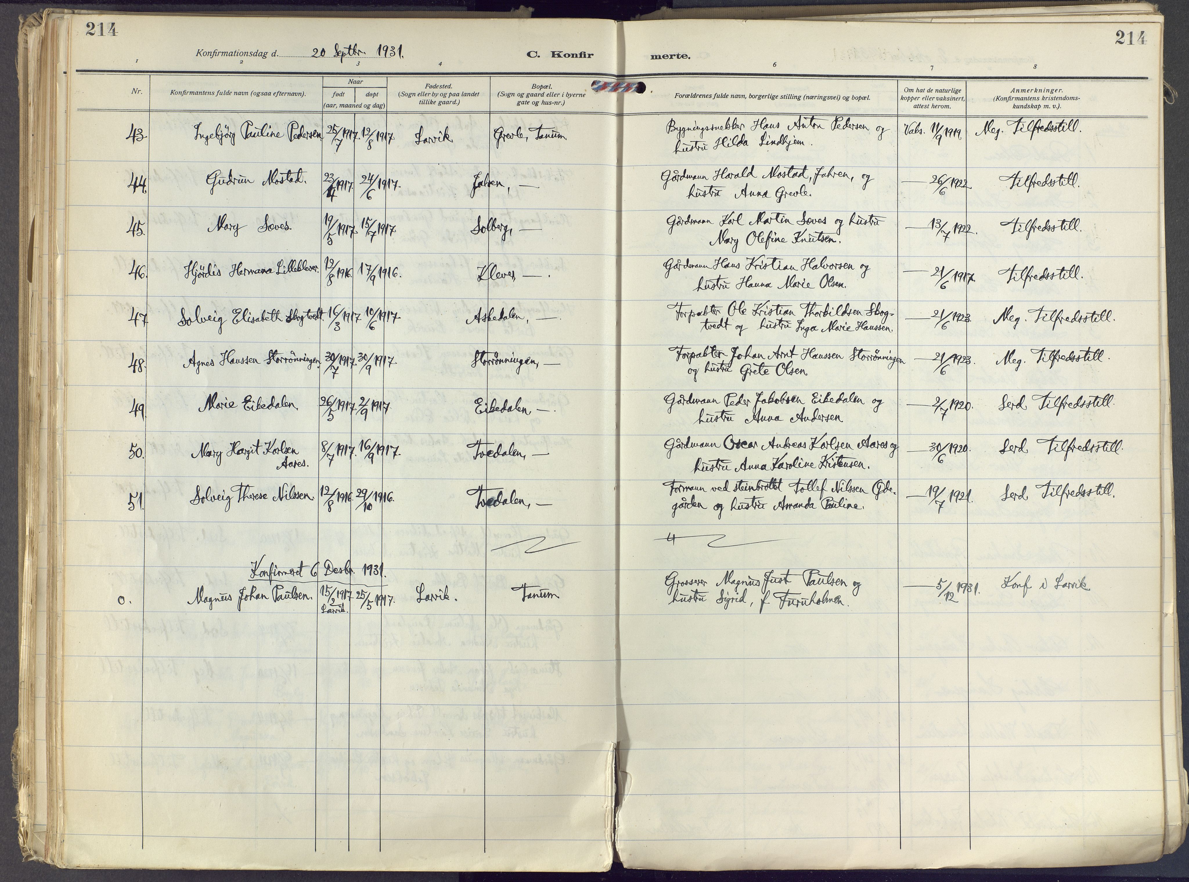 Brunlanes kirkebøker, AV/SAKO-A-342/F/Fc/L0004: Parish register (official) no. III 4, 1923-1943, p. 214