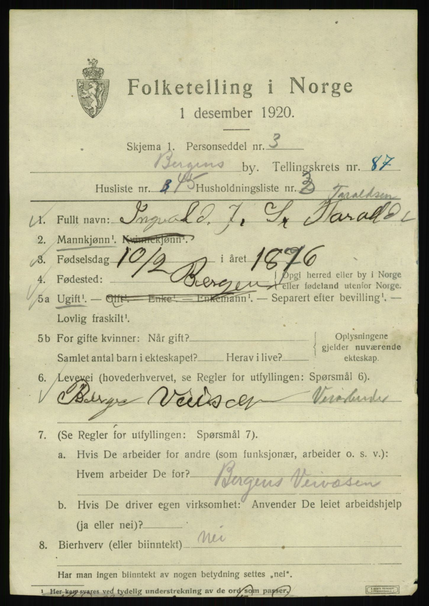 SAB, 1920 census for Bergen, 1920, p. 160714