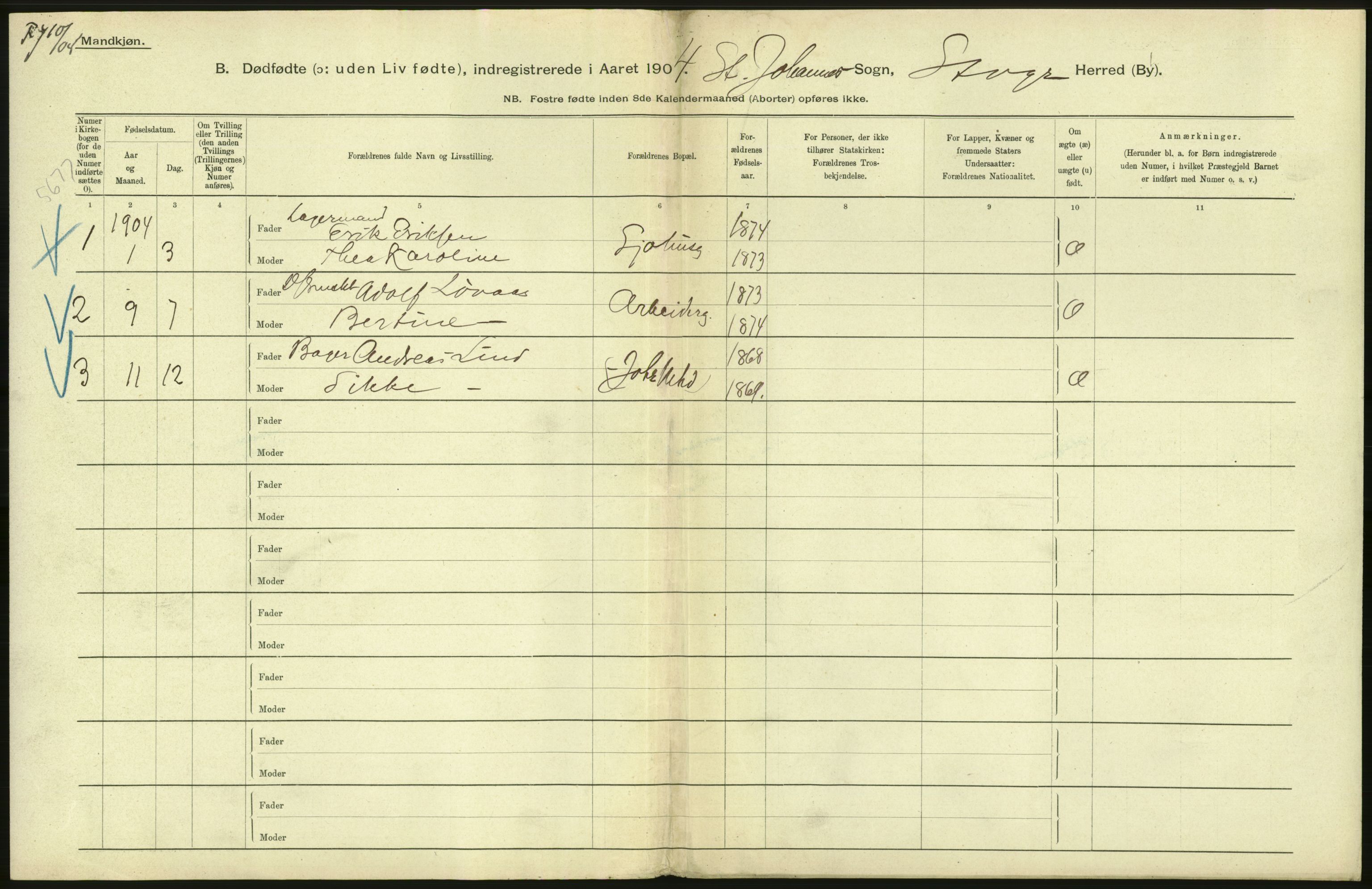 Statistisk sentralbyrå, Sosiodemografiske emner, Befolkning, RA/S-2228/D/Df/Dfa/Dfab/L0027: Smålenes amt - Finnmarkens amt: Dødfødte. Byer, 1904, p. 164