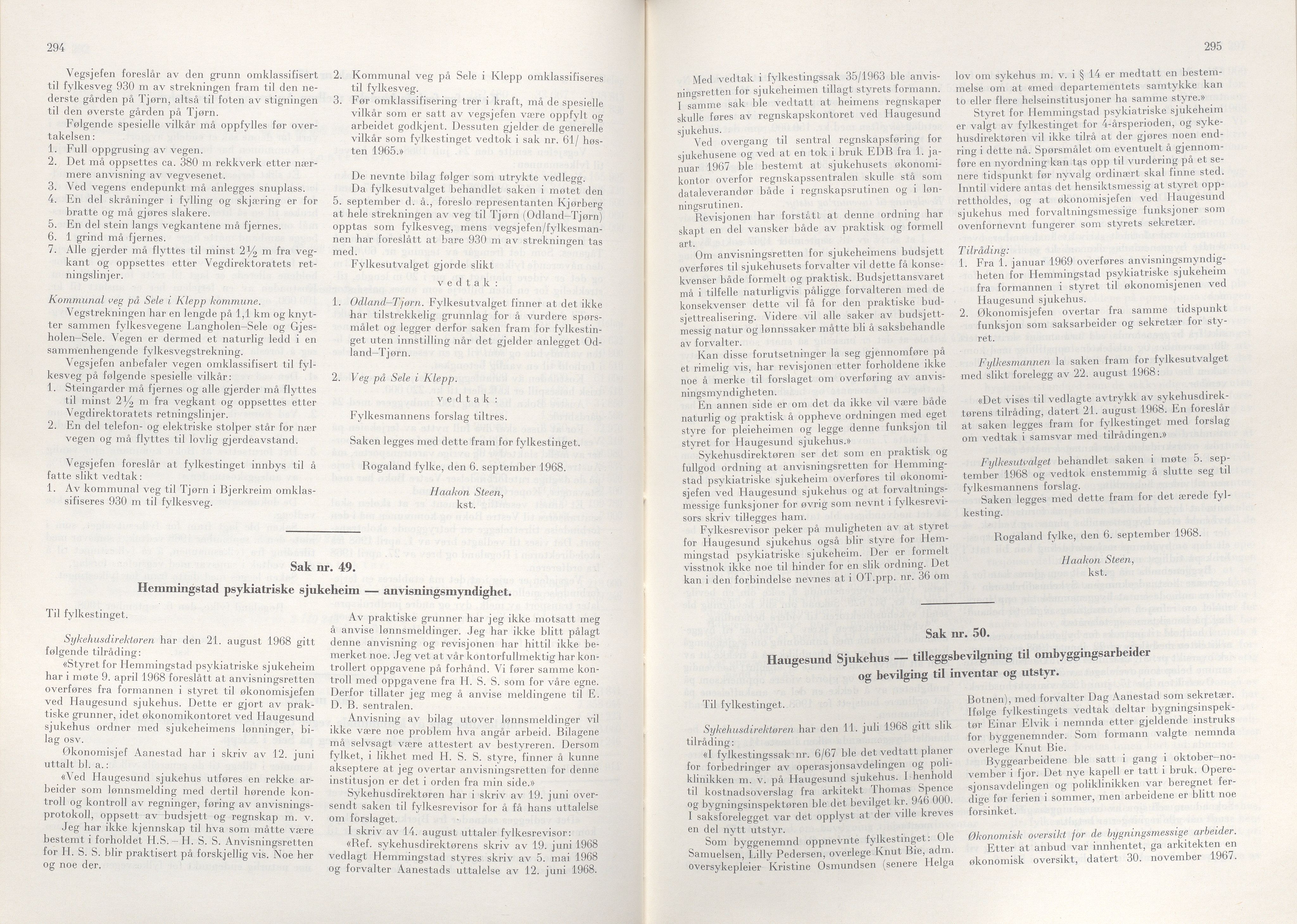 Rogaland fylkeskommune - Fylkesrådmannen , IKAR/A-900/A/Aa/Aaa/L0088: Møtebok , 1968, p. 294-295