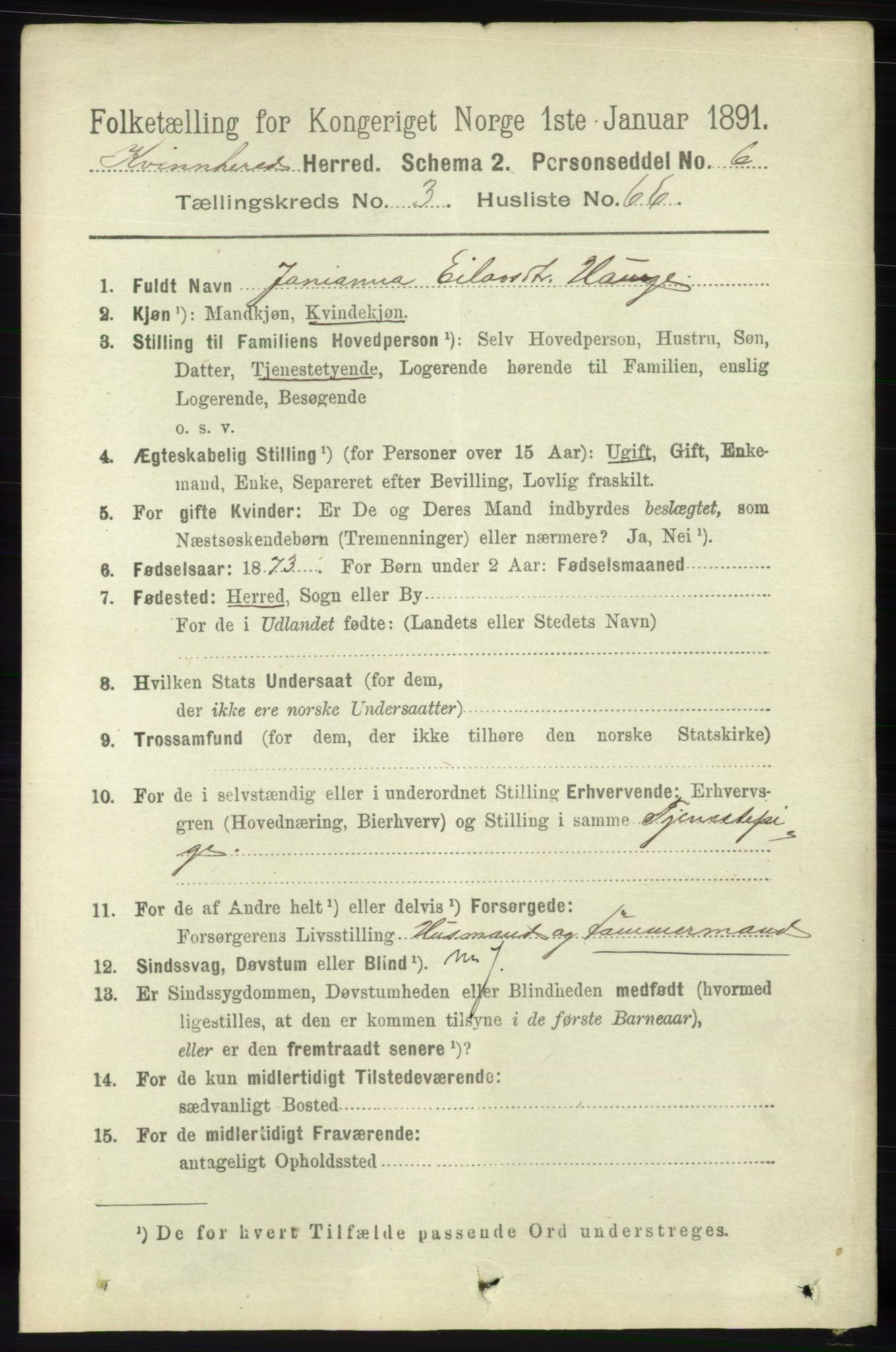 RA, 1891 census for 1224 Kvinnherad, 1891, p. 1331