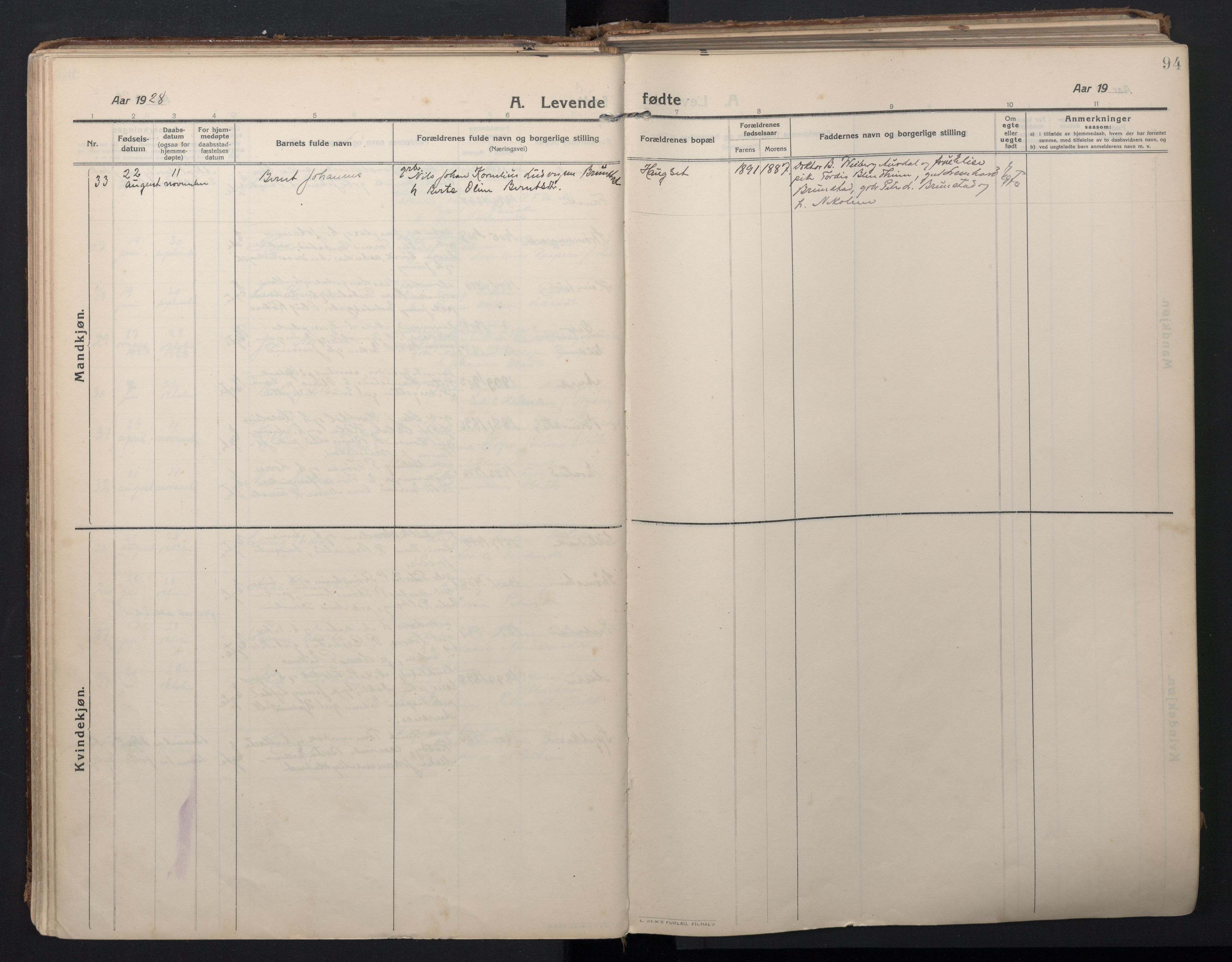 Ministerialprotokoller, klokkerbøker og fødselsregistre - Møre og Romsdal, AV/SAT-A-1454/523/L0337: Parish register (official) no. 523A04, 1911-1929, p. 94