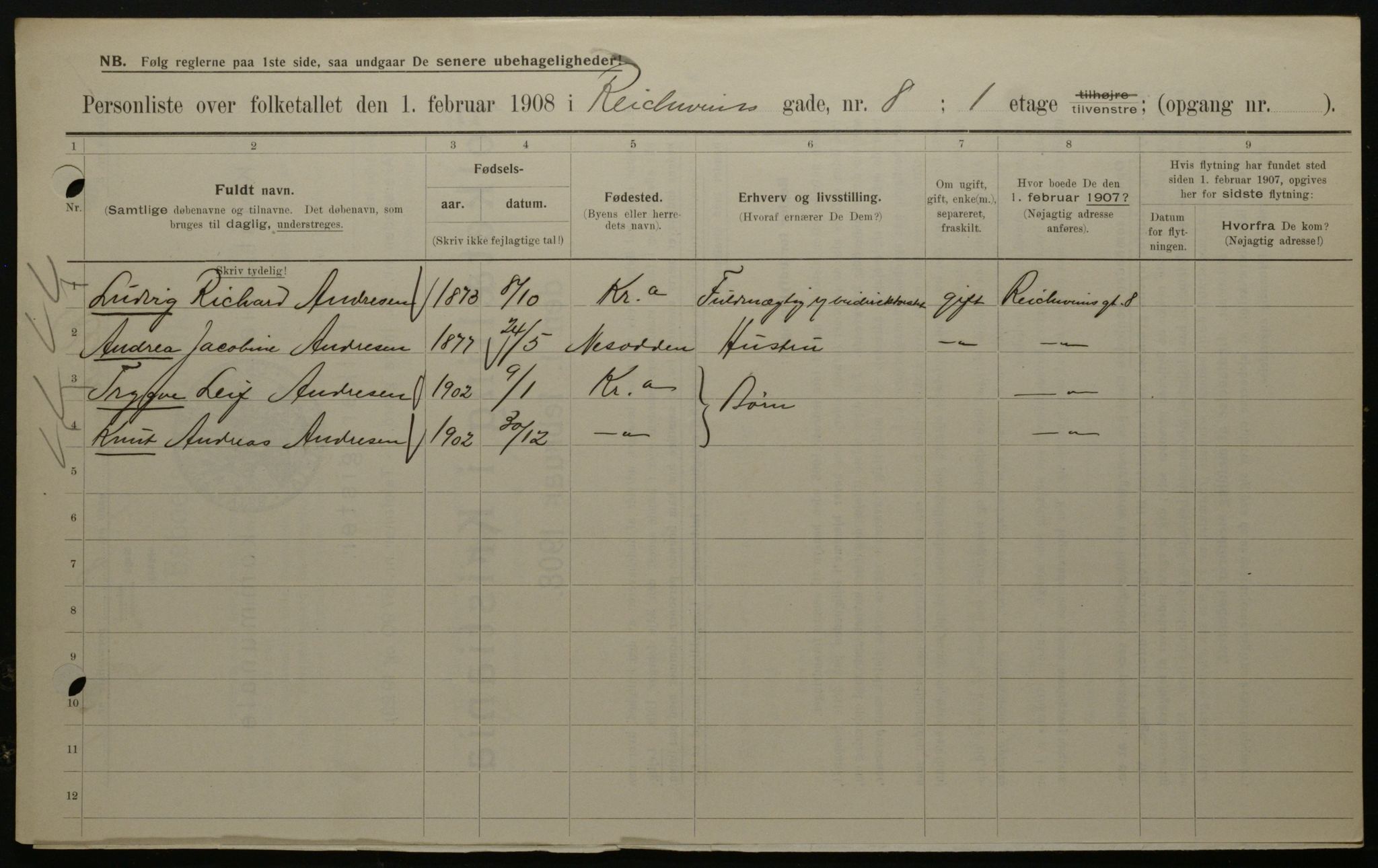 OBA, Municipal Census 1908 for Kristiania, 1908, p. 74445