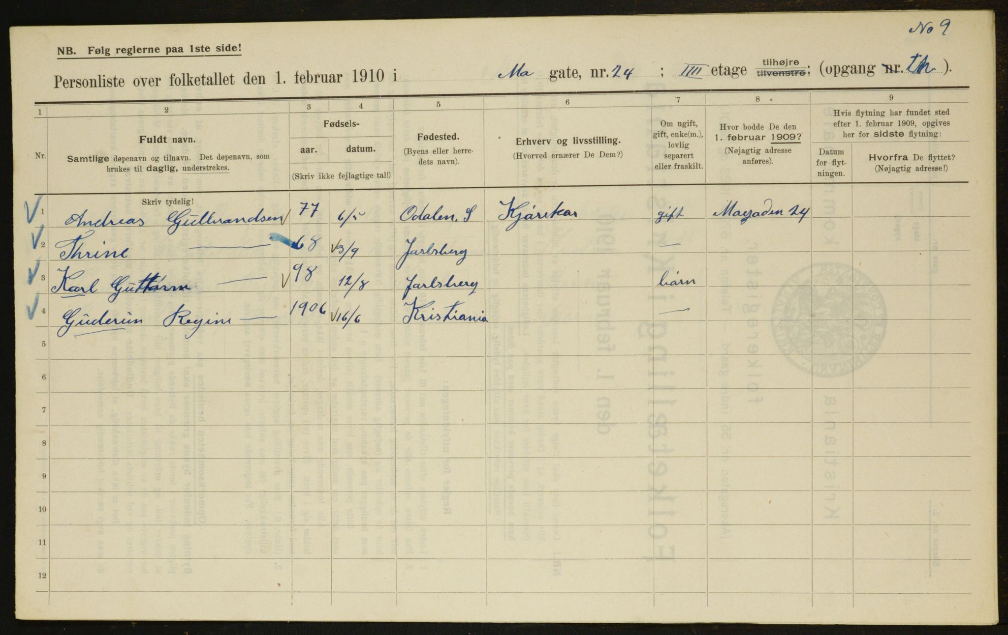 OBA, Municipal Census 1910 for Kristiania, 1910, p. 63466