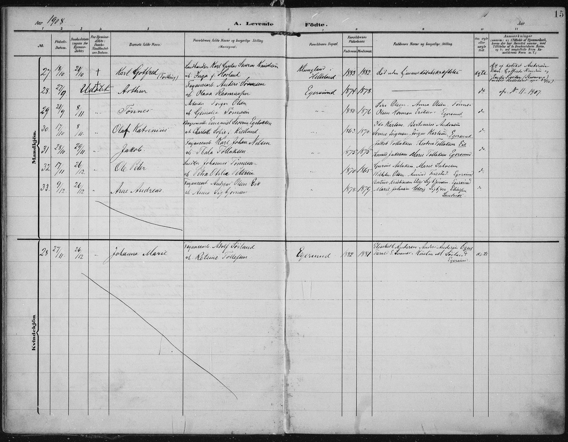 Eigersund sokneprestkontor, AV/SAST-A-101807/S08/L0022: Parish register (official) no. A 21, 1905-1928, p. 15