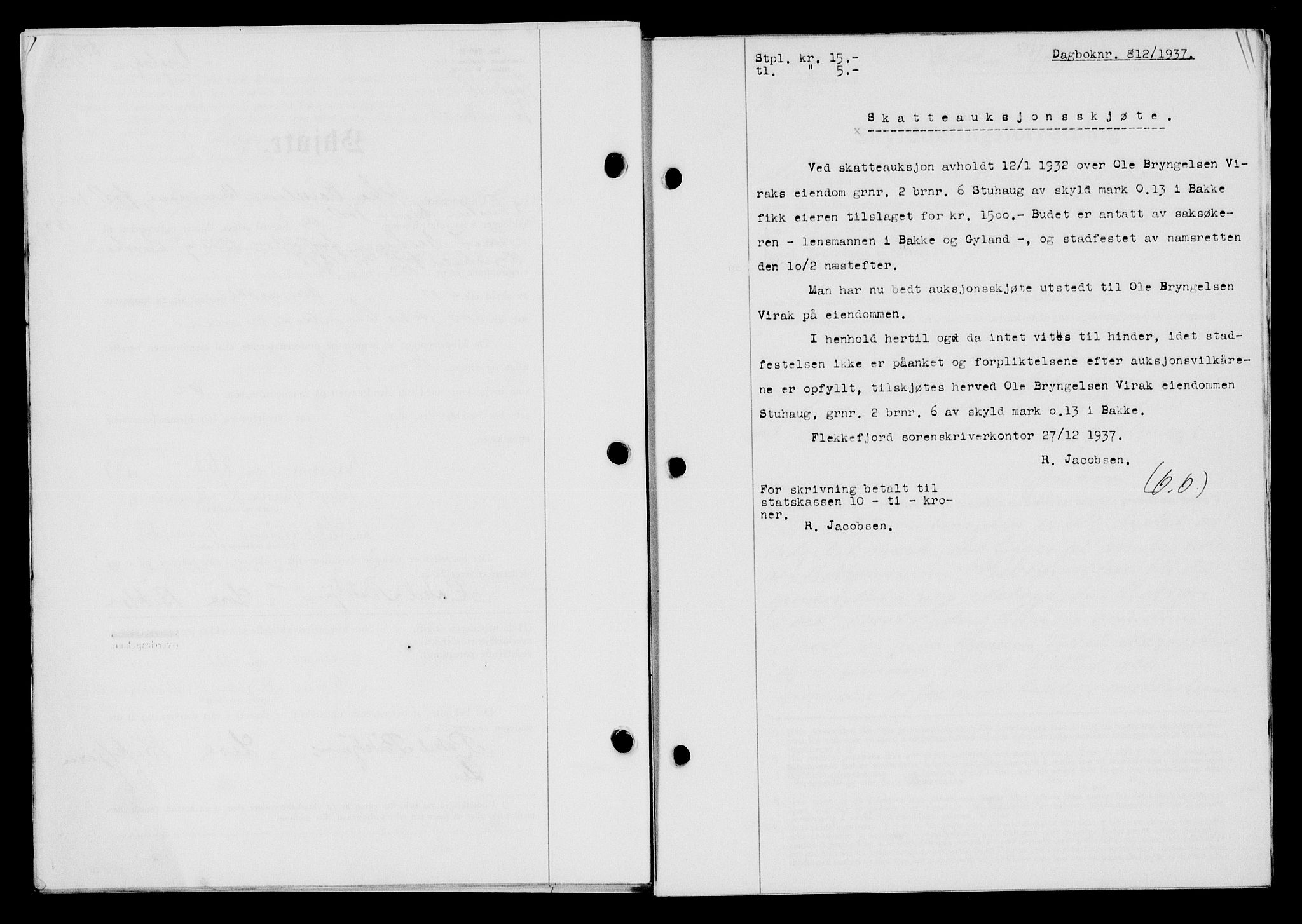 Flekkefjord sorenskriveri, SAK/1221-0001/G/Gb/Gba/L0054: Mortgage book no. A-2, 1937-1938, Diary no: : 812/1937
