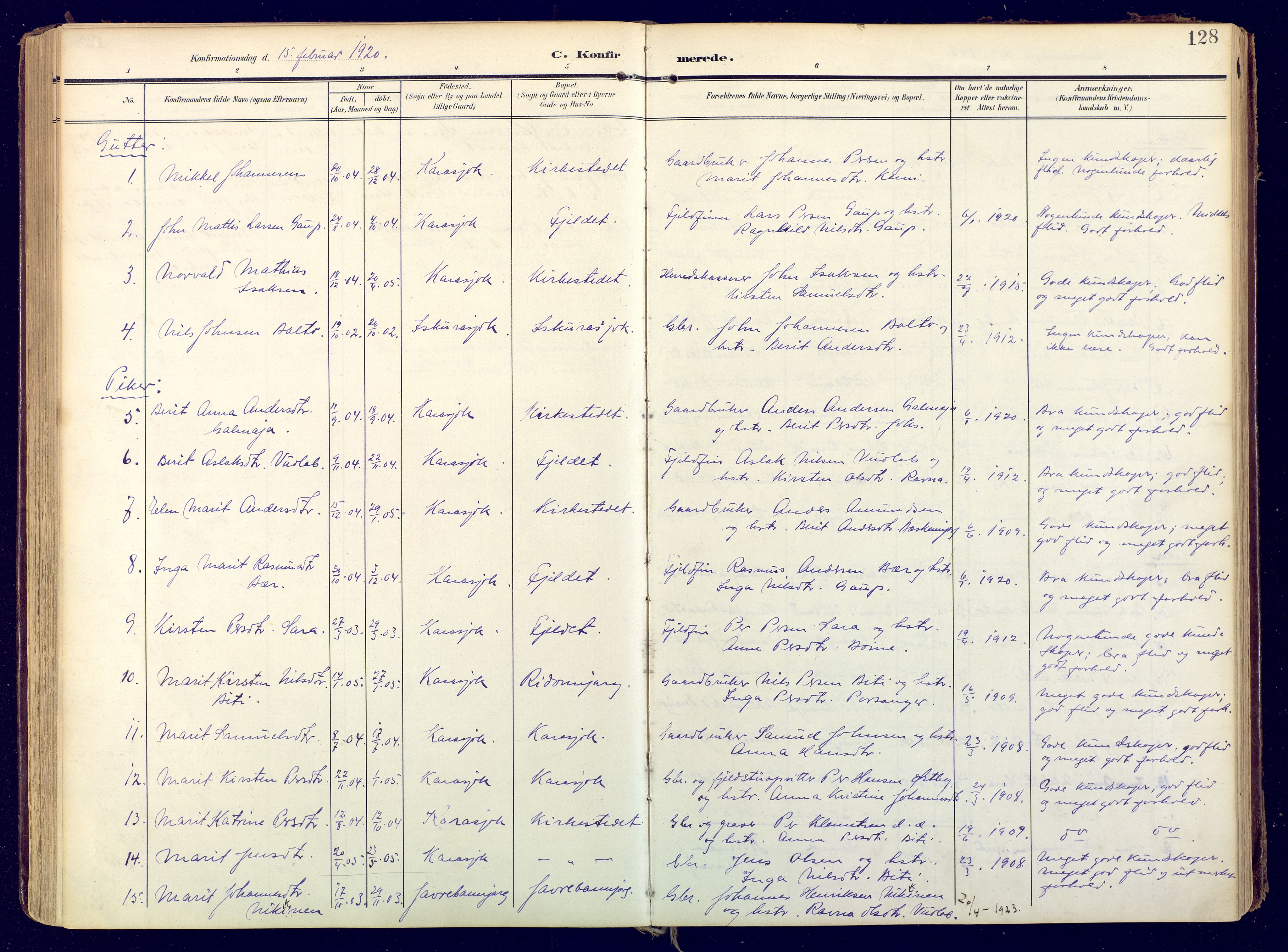 Karasjok sokneprestkontor, SATØ/S-1352/H/Ha: Parish register (official) no. 3, 1907-1926, p. 128