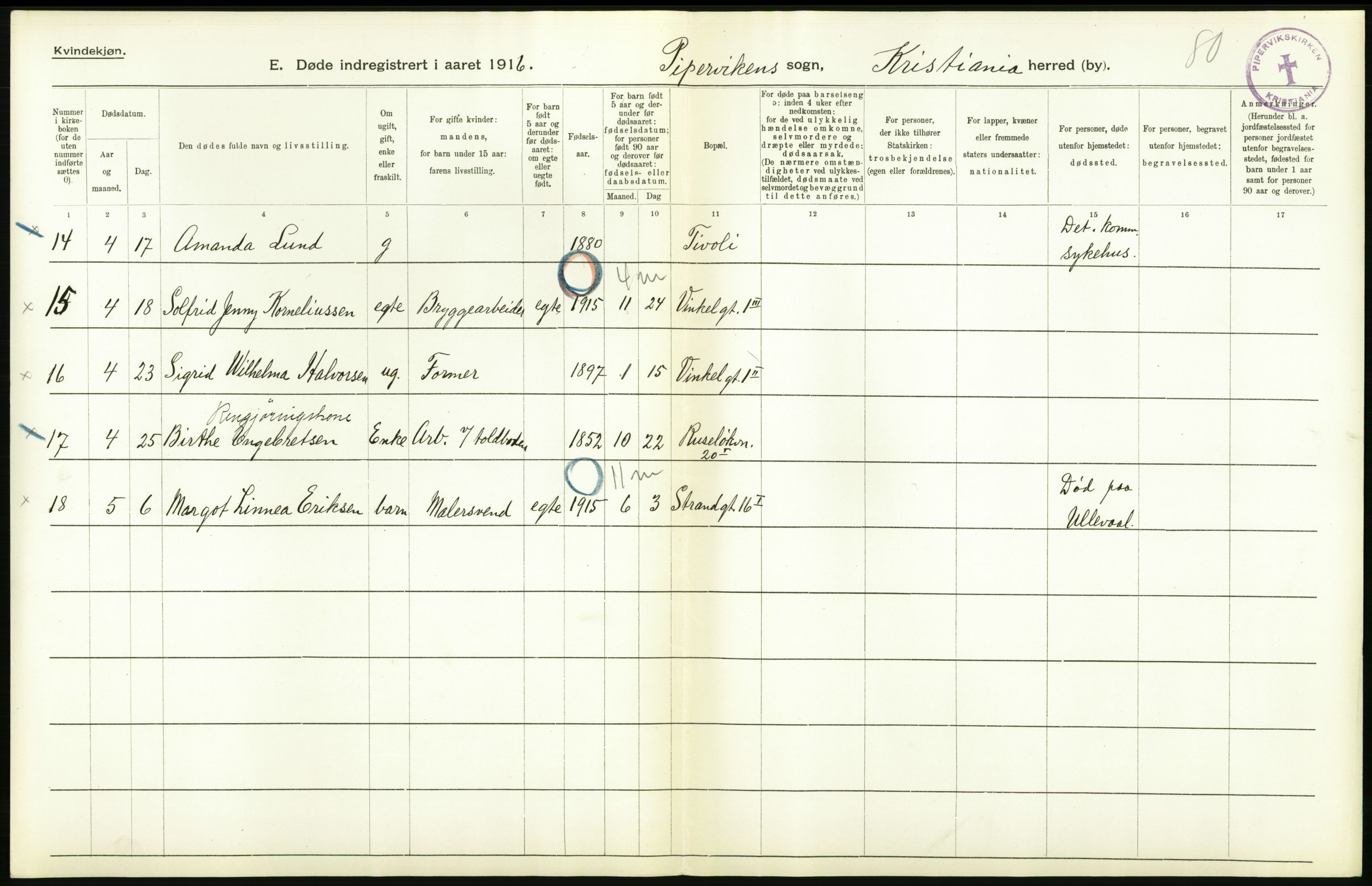 Statistisk sentralbyrå, Sosiodemografiske emner, Befolkning, AV/RA-S-2228/D/Df/Dfb/Dfbf/L0009: Kristiania: Døde., 1916, p. 508