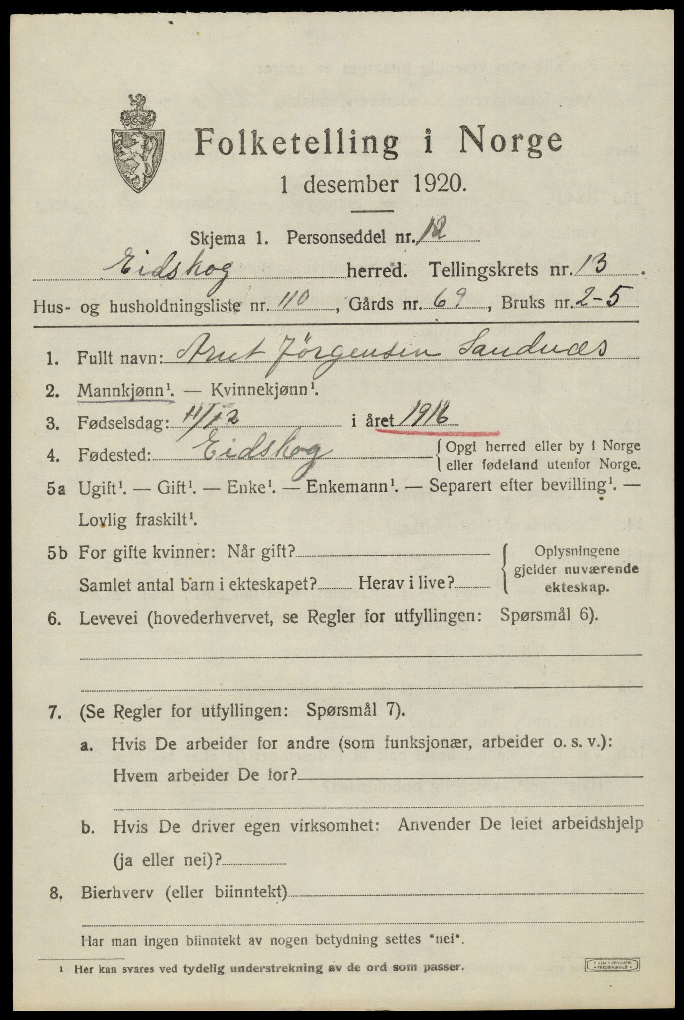 SAH, 1920 census for Eidskog, 1920, p. 13291